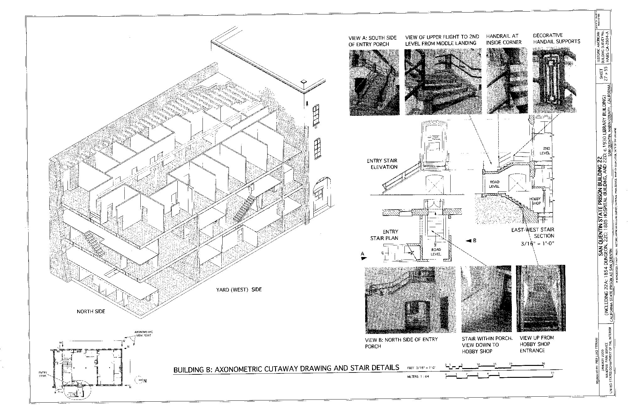 Survey sheet with a prison building axonometric cutaway and stair plans, sections and small photographs alongside.