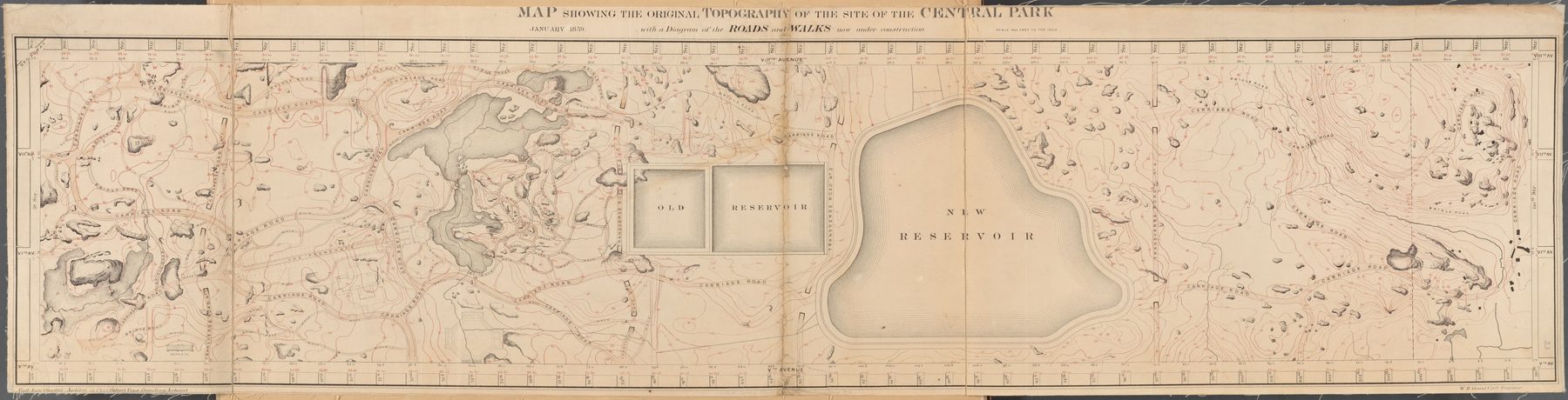 Wide 1859 Central Park map with contour lines, reservoir, carriage roads and pedestrian walks shown together.