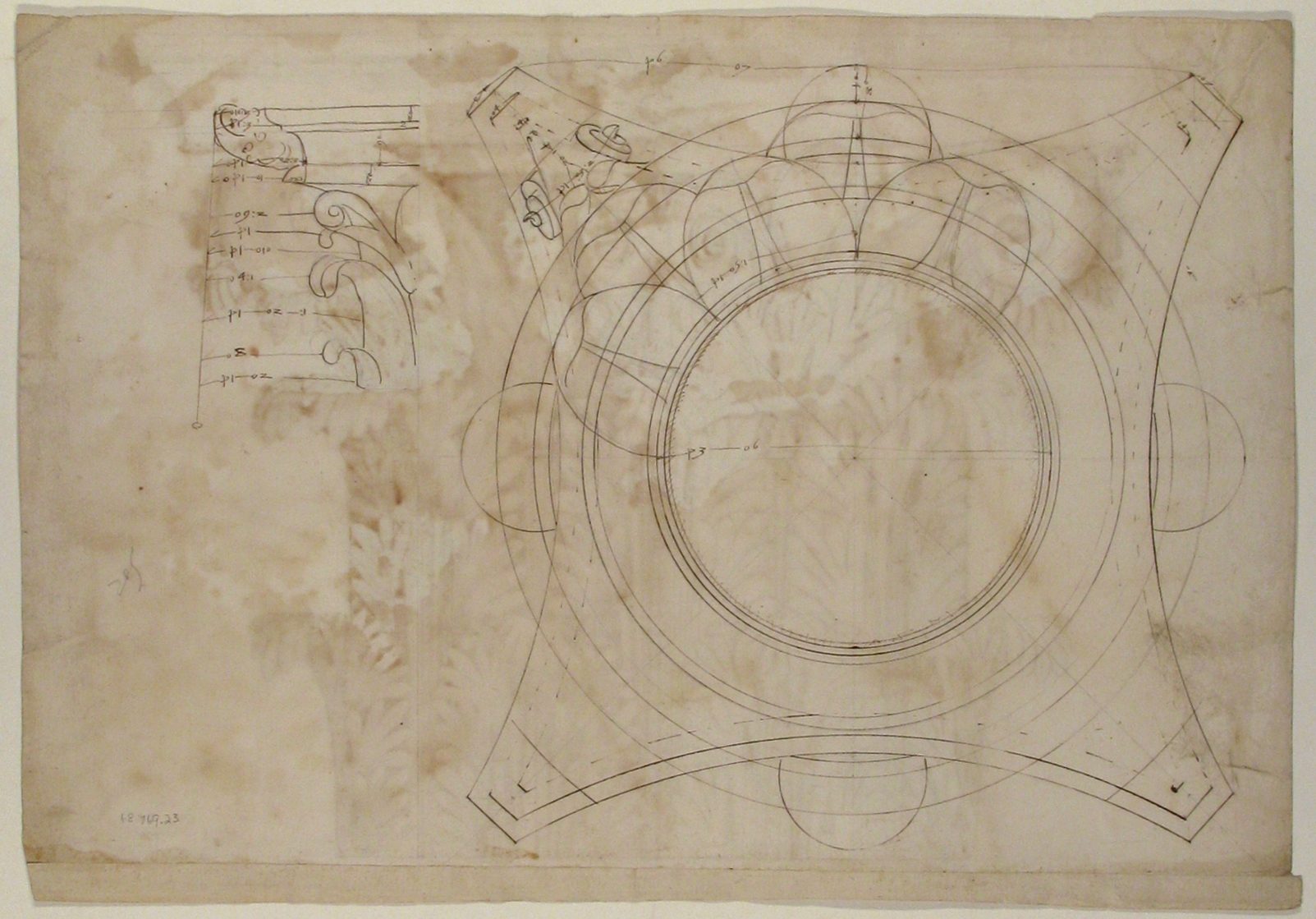 Sixteenth-century French sheet verso with a circular capital plan, corner geometry and a small capital-detail sketch.