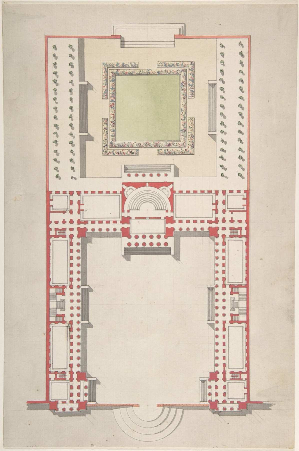 Colour-washed ground plan with rooms and routes beneath graphite construction lines.