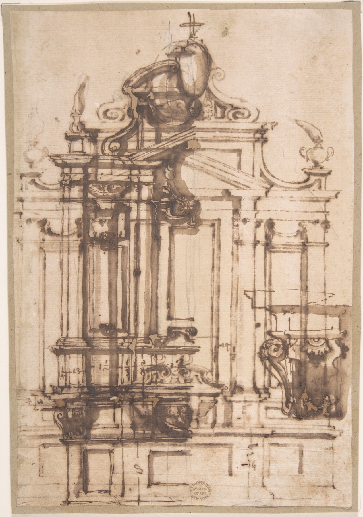 Brown pen and ink exploratory facade drawing with washes and architectural lines.