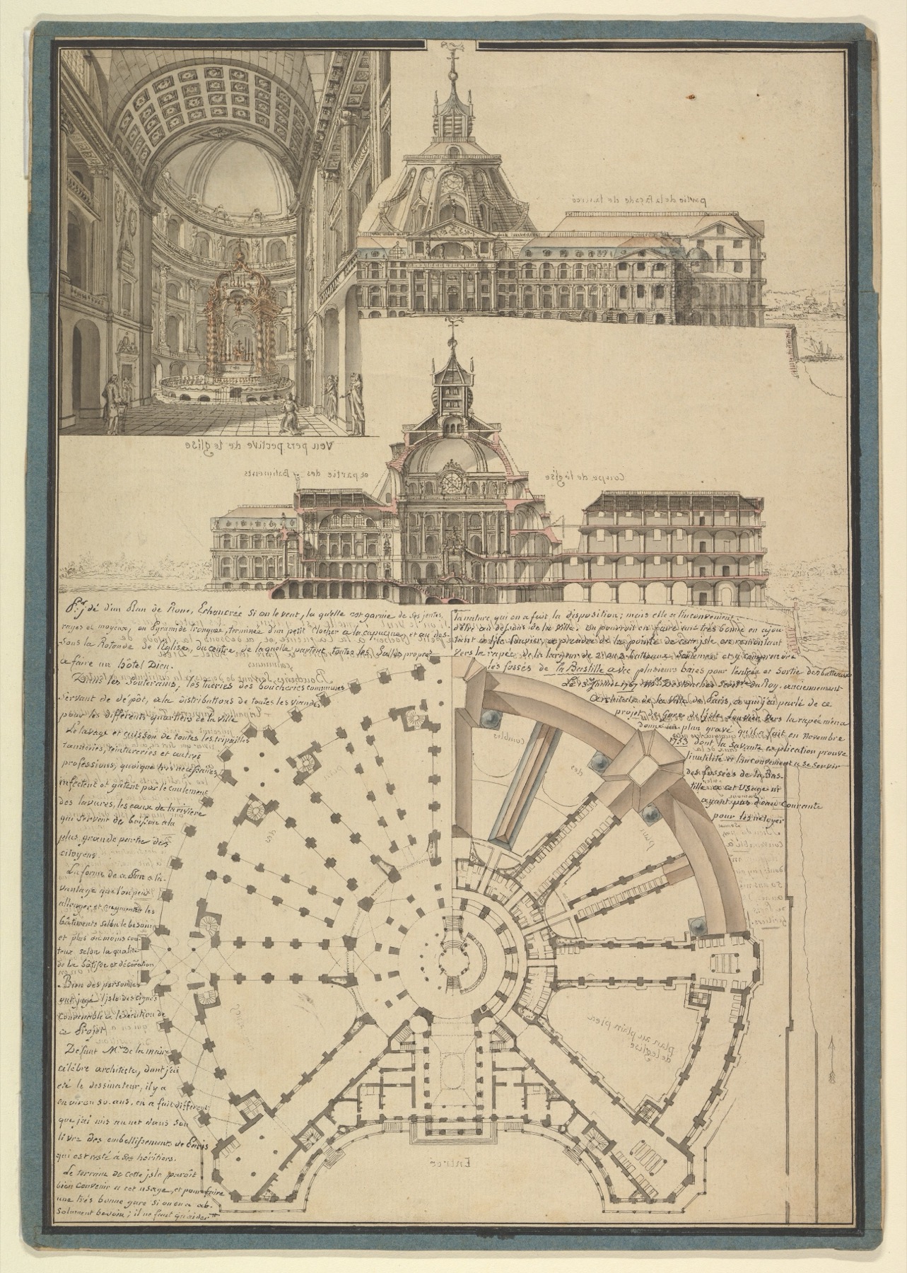French etching counterproof and wash with reversed text, elevation, section, interior and plan.
