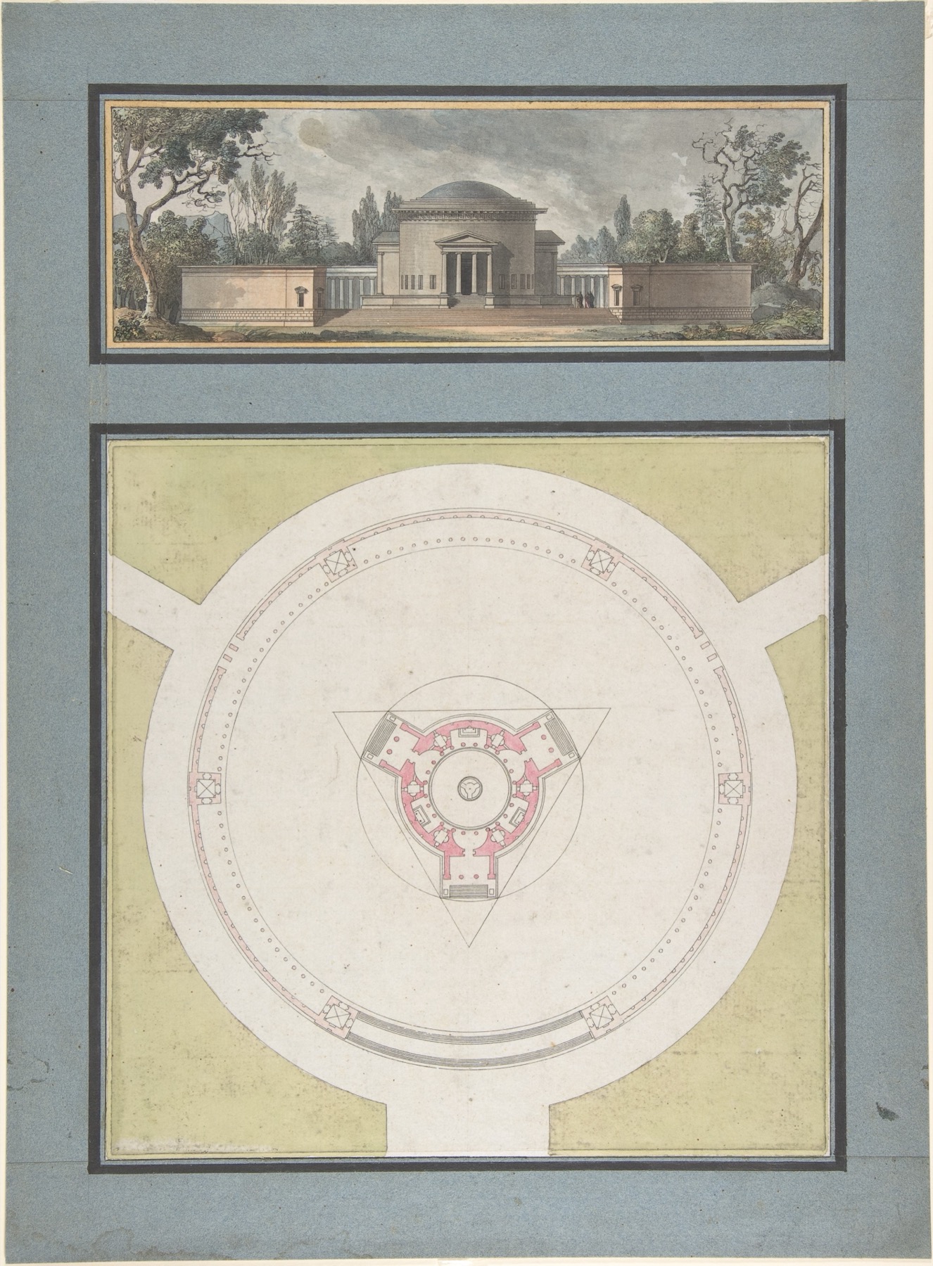 Drawn temple elevation above a separately outlined plan, with pink and pale green washes.