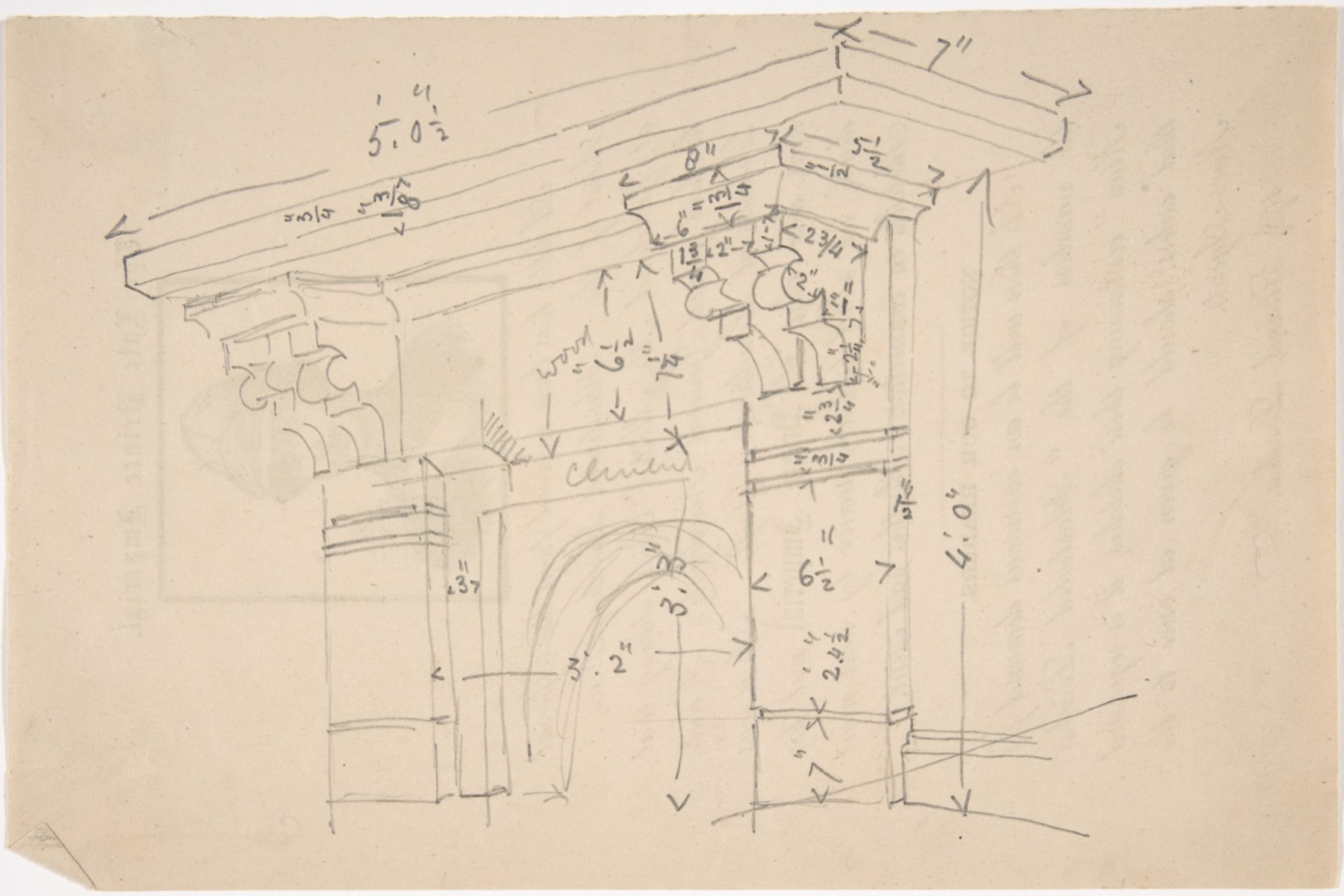 Nineteenth-century British measured graphite cornice profile annotated with dimensions.