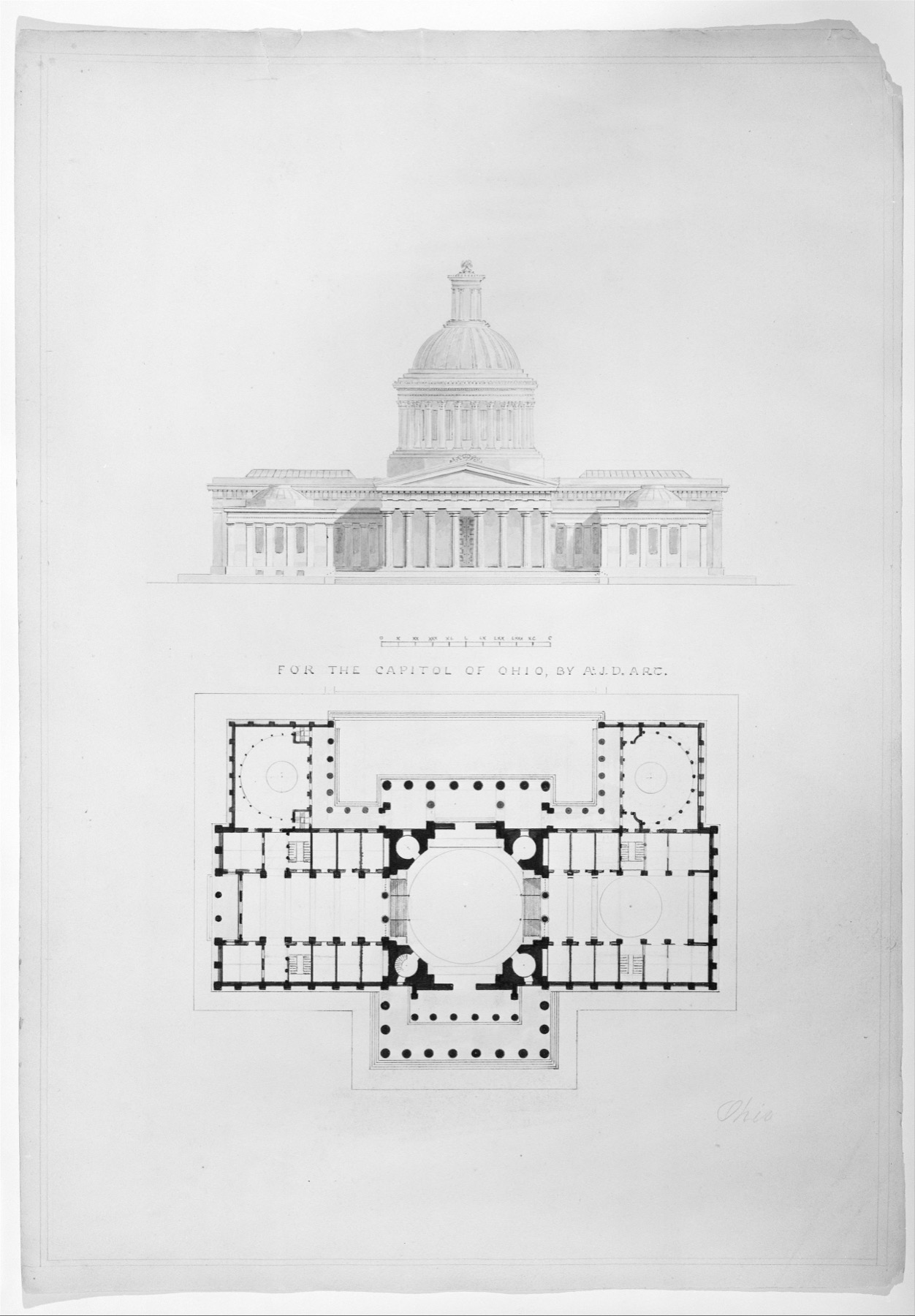 Alexander Jackson Davis watercolour and ink proposal for the Ohio Capitol with labelled architectural views.