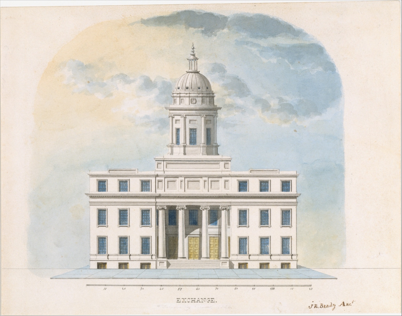 Watercolour facade for First Merchants Exchange with blue windows, central cupola, sky and scale line.