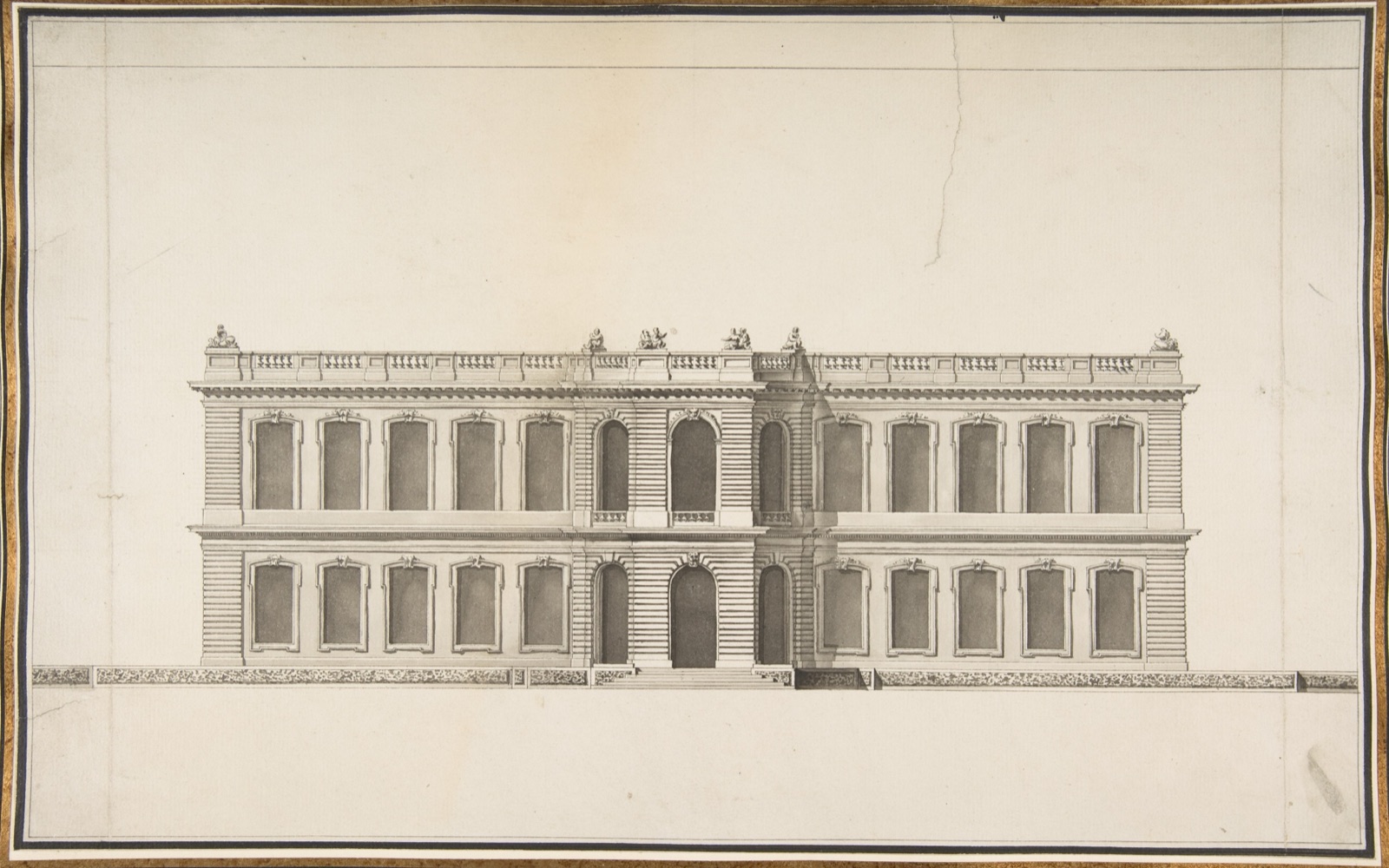 Long two-storey French house elevation with repeated windows and taller central entry.
