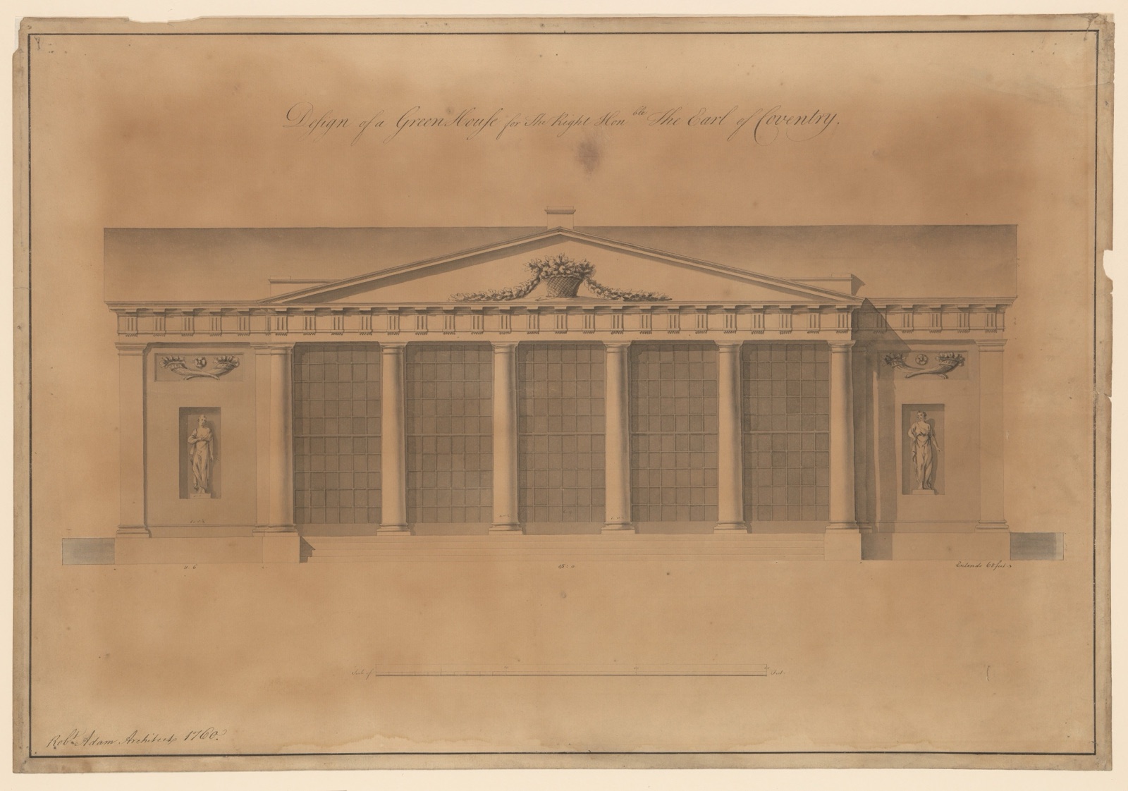 Long symmetrical Robert Adam greenhouse elevation with repeated glazed bays and ornamental classical front.