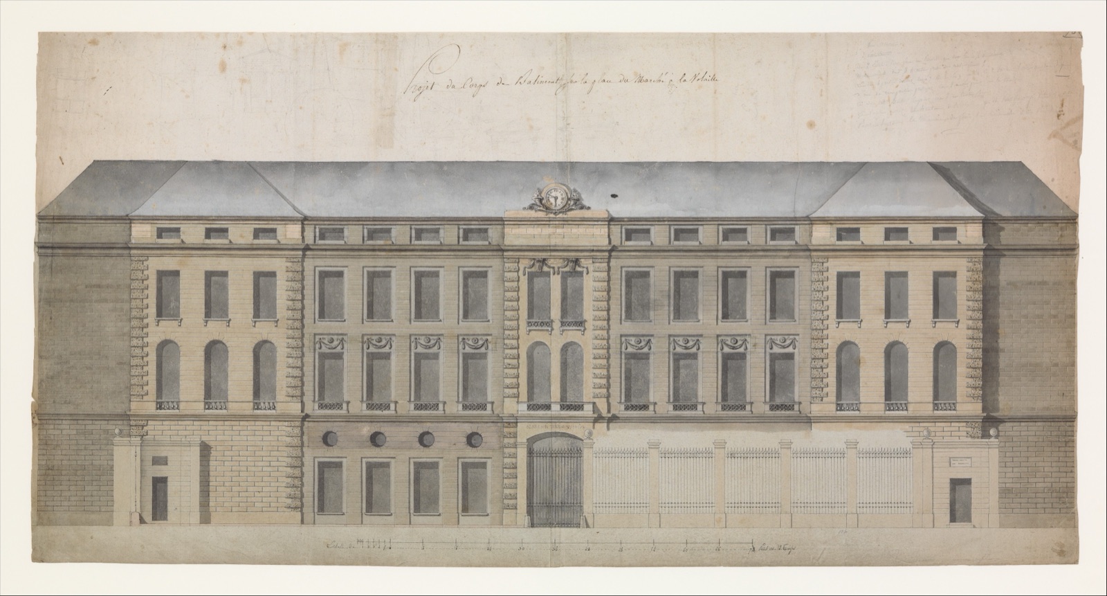 Long coloured Paris market elevation with central gate, repeated windows and roofline.