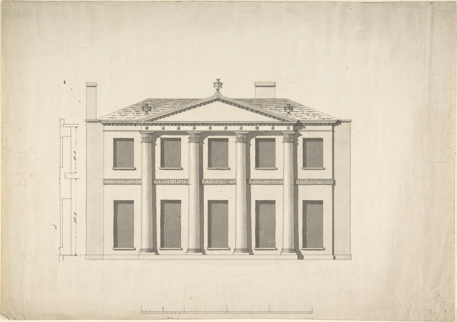 British five-bay house elevation with four portico columns, pediment, side wall strip and scale.