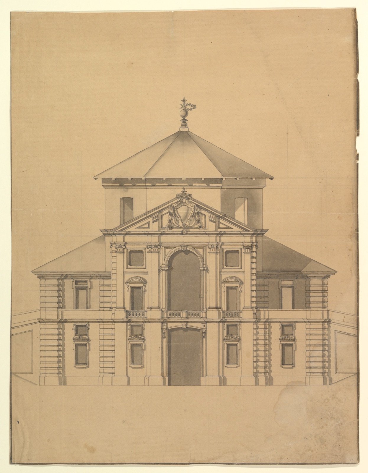 Grey-washed Italian facade with central pediment and octagonal cupola behind two-storey side bays.