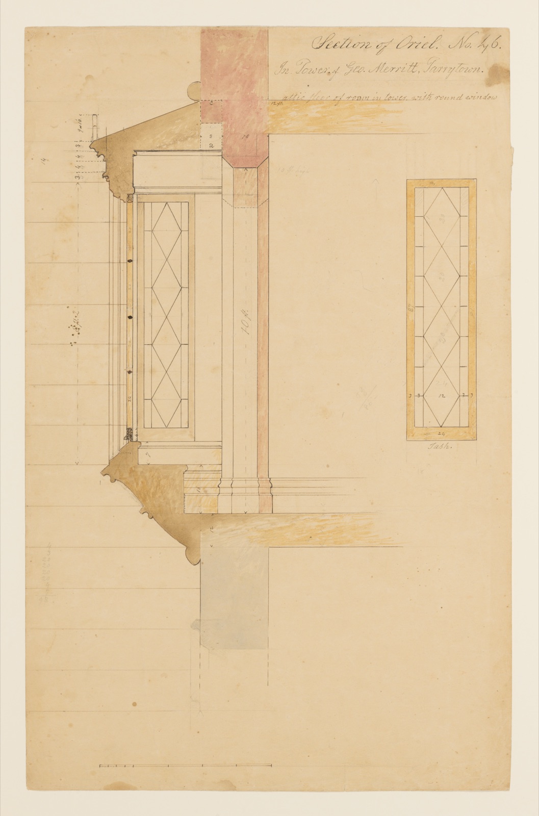Pale Lyndhurst technical sheet with a window-like opening, adjacent cut, dimensions and scale.