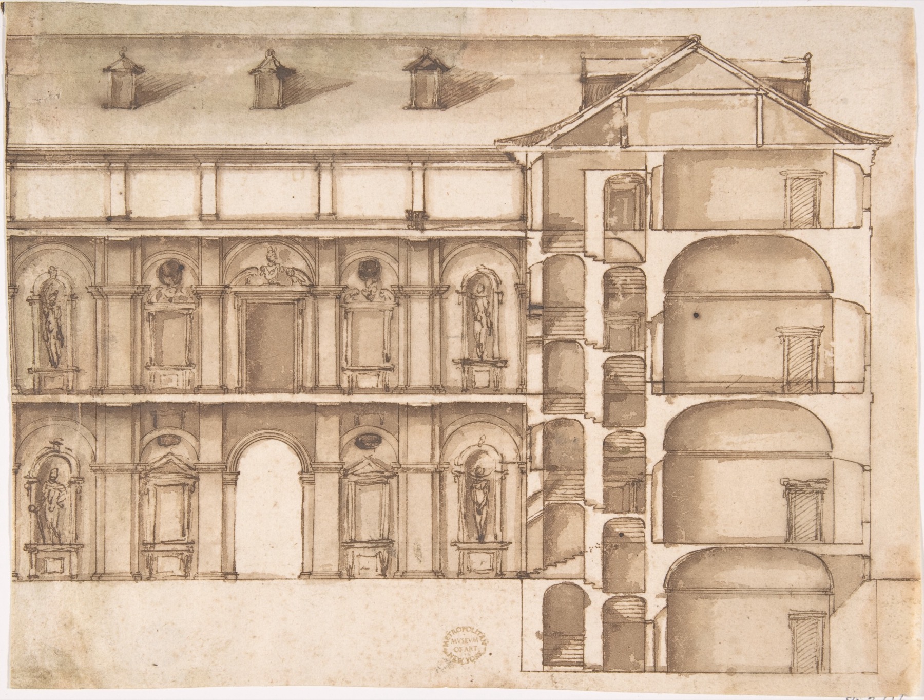 Ink architectural drawing with exterior arcade at left and cutaway multi-storey interior at right.