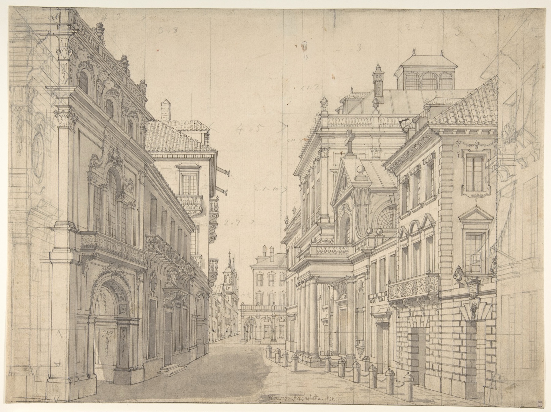 Leadpoint and ink perspective of a receding Italian streetscape with ornate buildings flanking the view.