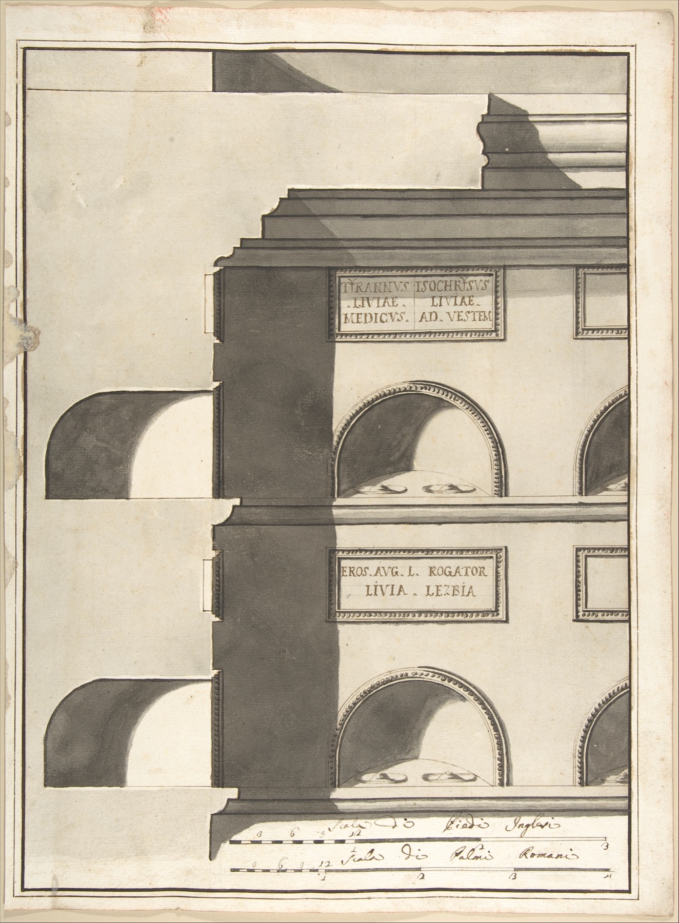 Tall brown-and-grey ink drawing of a columbarium with stacked arched niches and a cutaway wall.