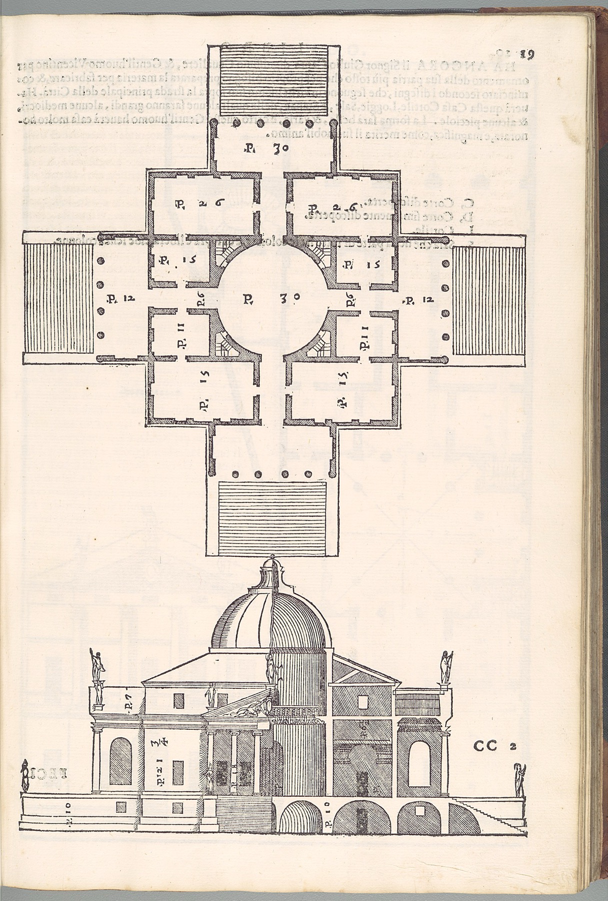 Open Palladio page with black-lined symmetrical plan above a drawn domed building cut below.