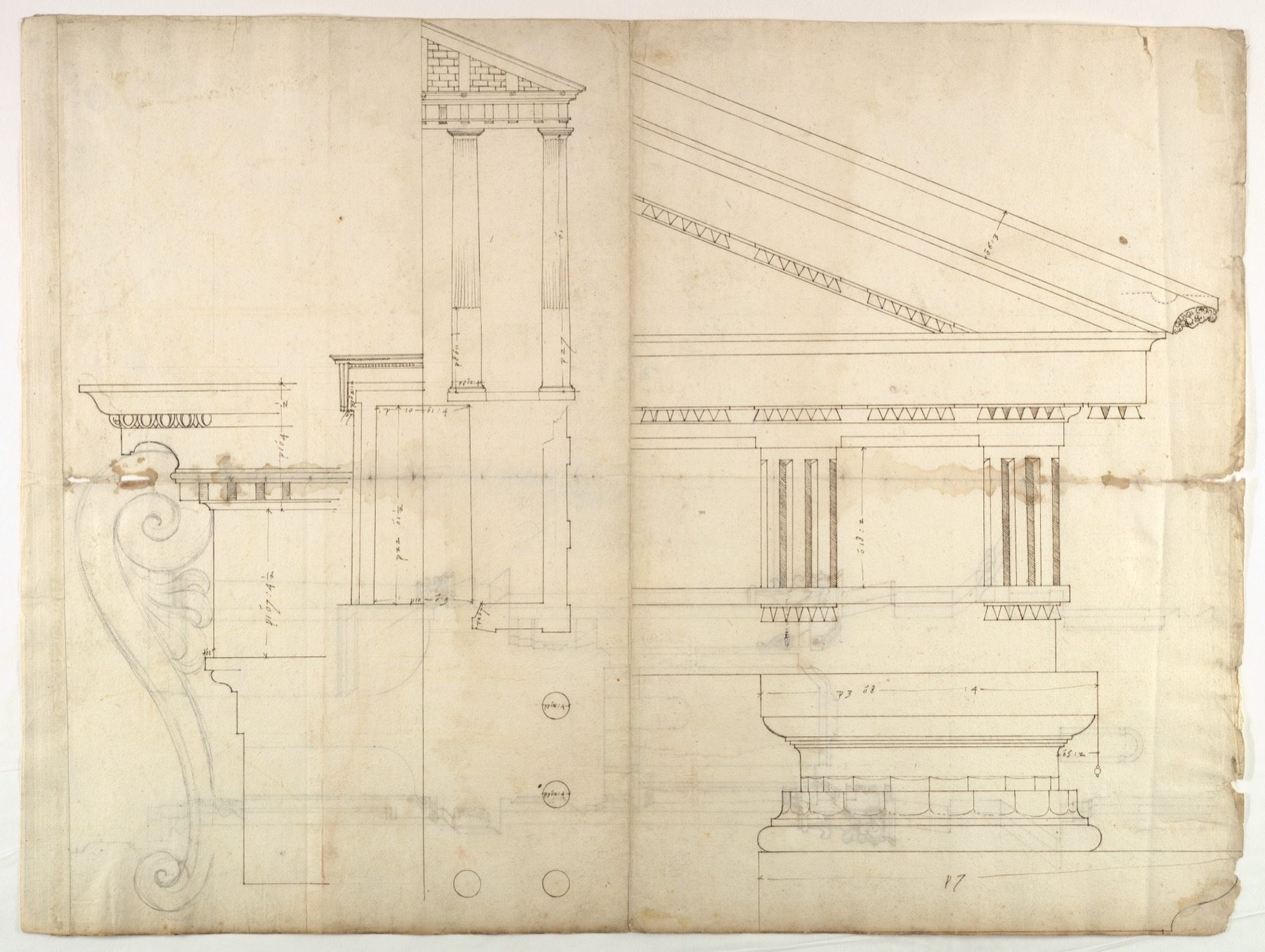 Pale ink and chalk Renaissance sheet with capital, portal and temple-facade details across worn paper.