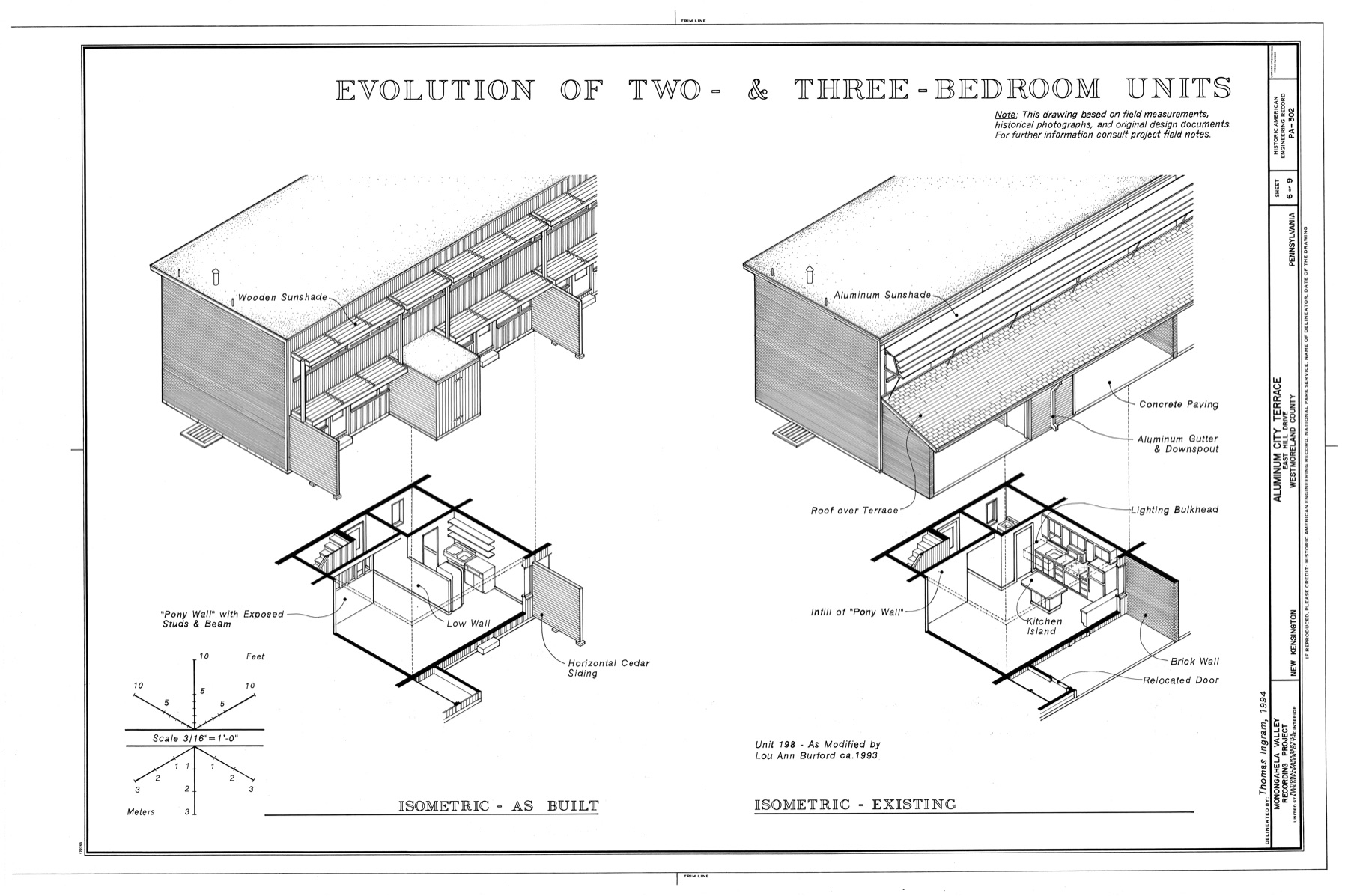 Federal housing-survey sheet comparing two sets of three-dimensional townhouse-unit views with labels for original and altered conditions.