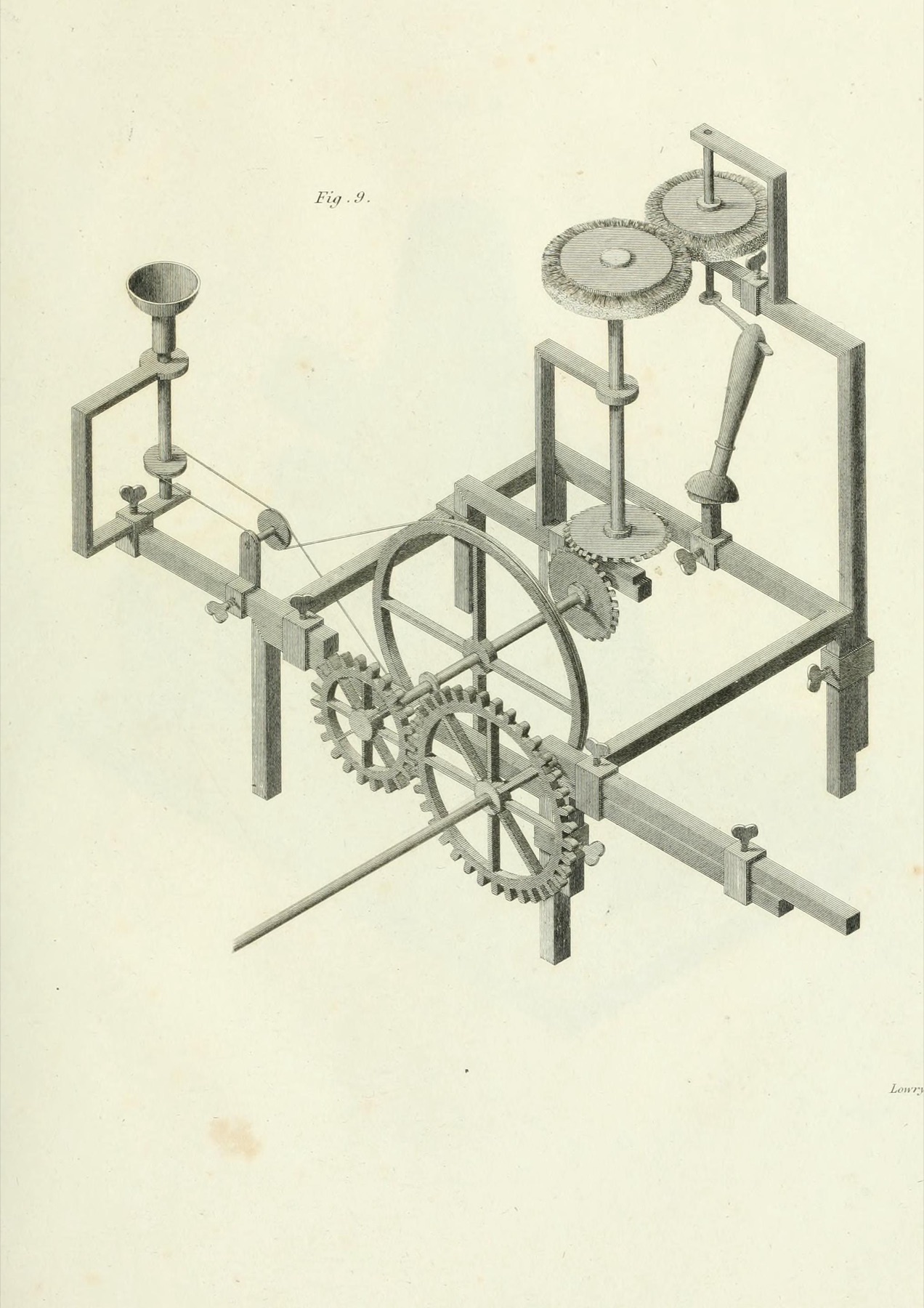 Nineteenth-century engraved isometric machine illustration showing separated components and their spatial connections.