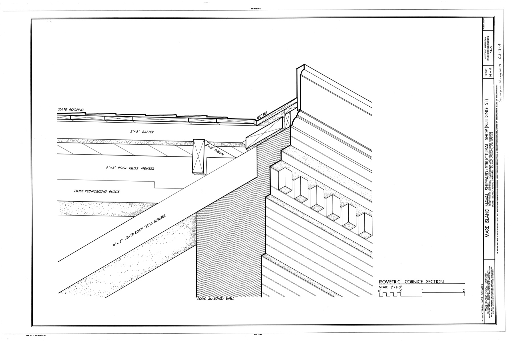 Detailed black-line three-dimensional cornice section with roof covering, gutter, timber members and masonry wall labelled.