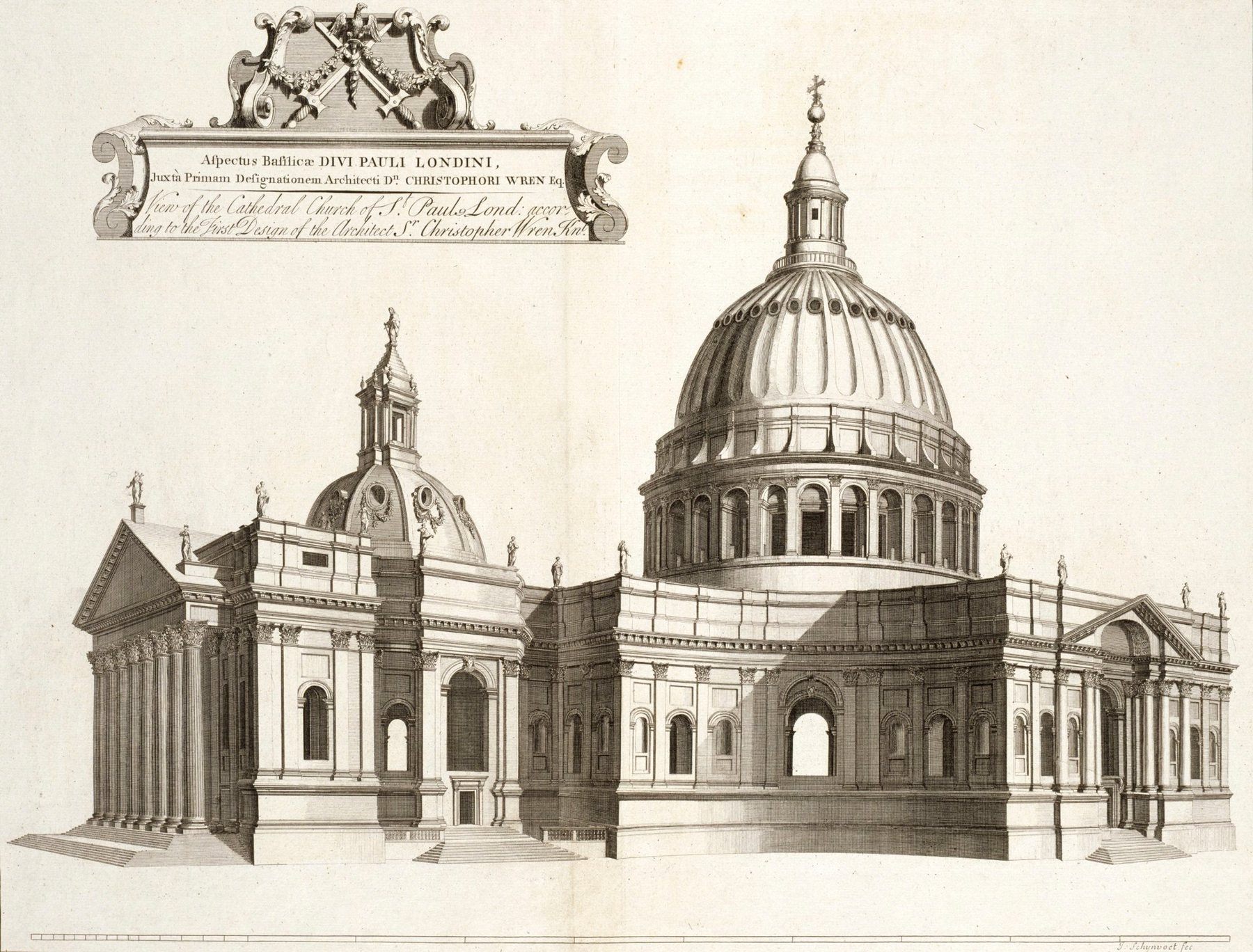 Engraved perspective of an alternative St Paul’s cathedral design with central dome and Greek-cross arms.