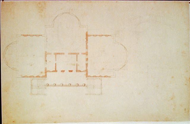 Pale 1792 William Thornton U.S. Capitol preliminary plan with curved central and side forms.