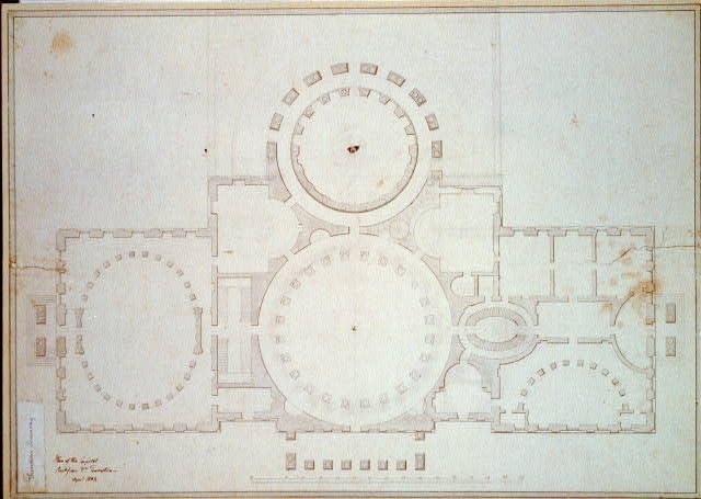 Pale 1793 William Thornton U.S. Capitol plan with two circular halls flanking a large central circular space.