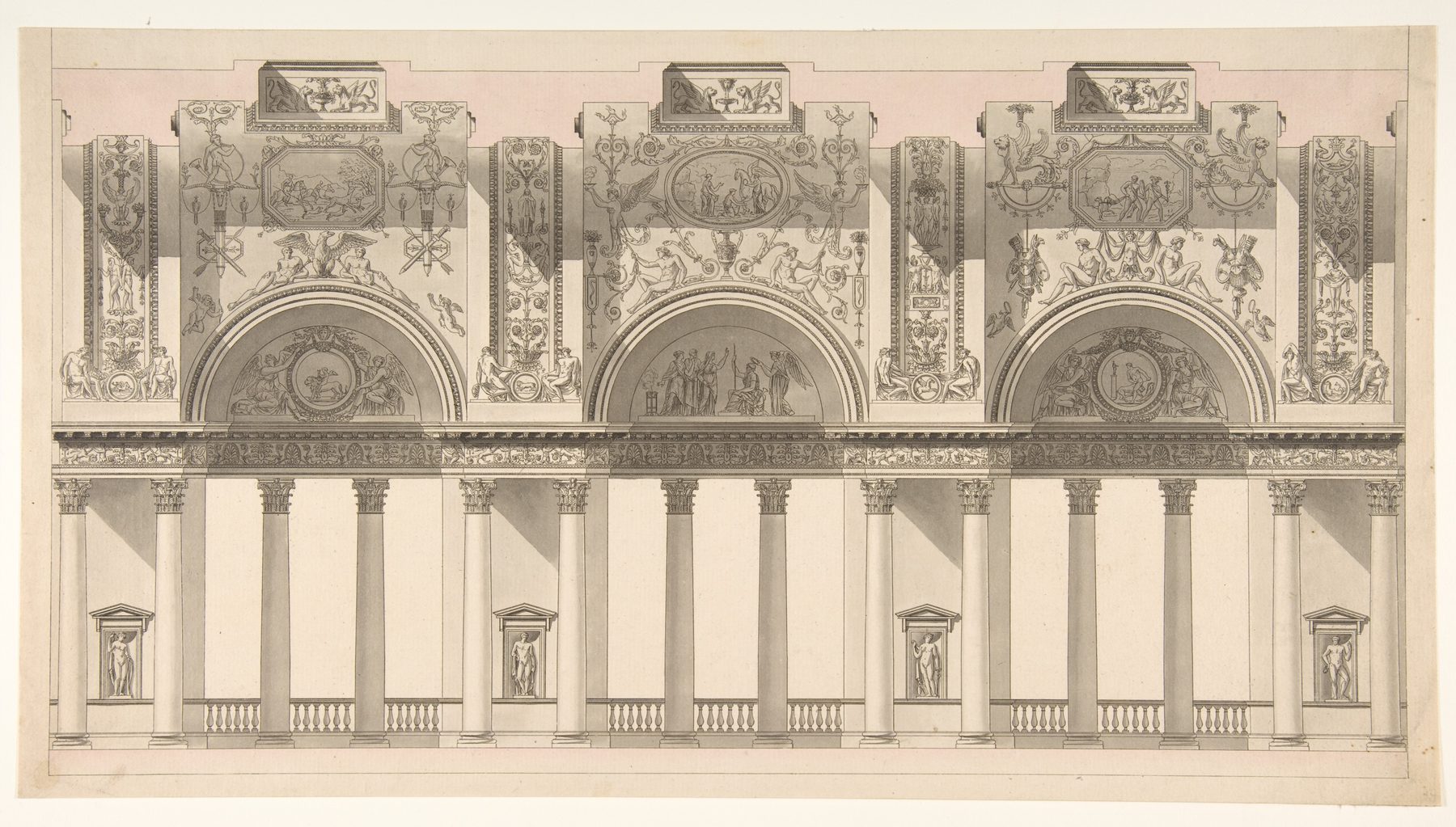 1791 resolved architectural gallery section with repeating decorative arches and columned lower zone.