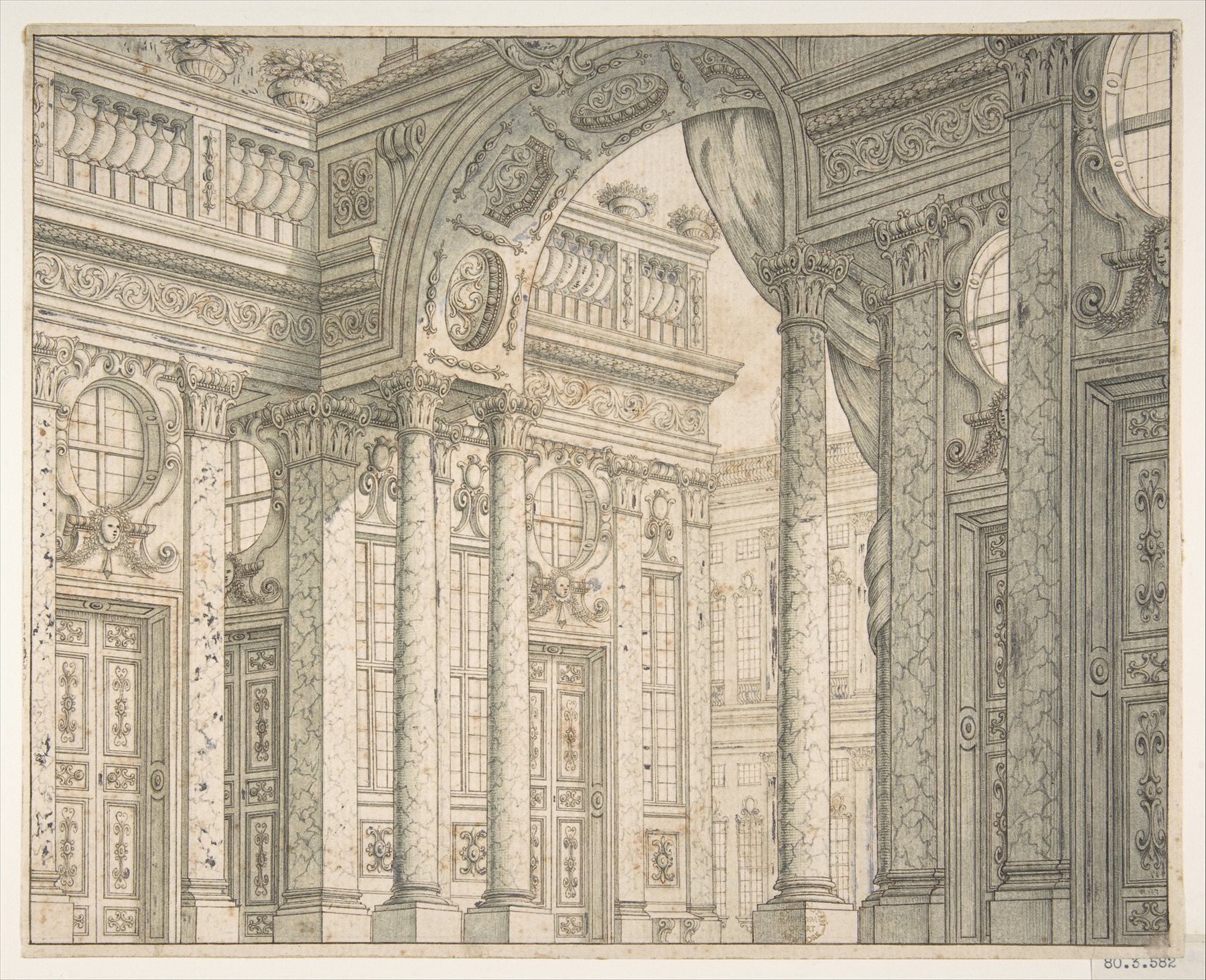 Washed oblique courtyard stage set with arch, receding palace columns and decorated near facade.