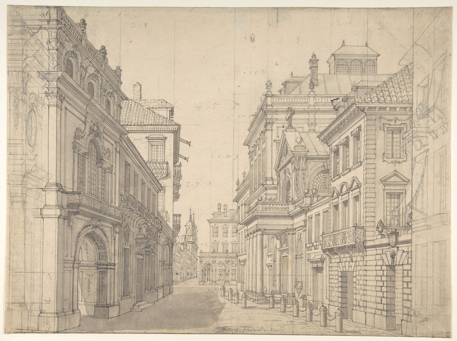 Italian cityscape stage set drawing with converging street, wash and faint construction lines over facades.