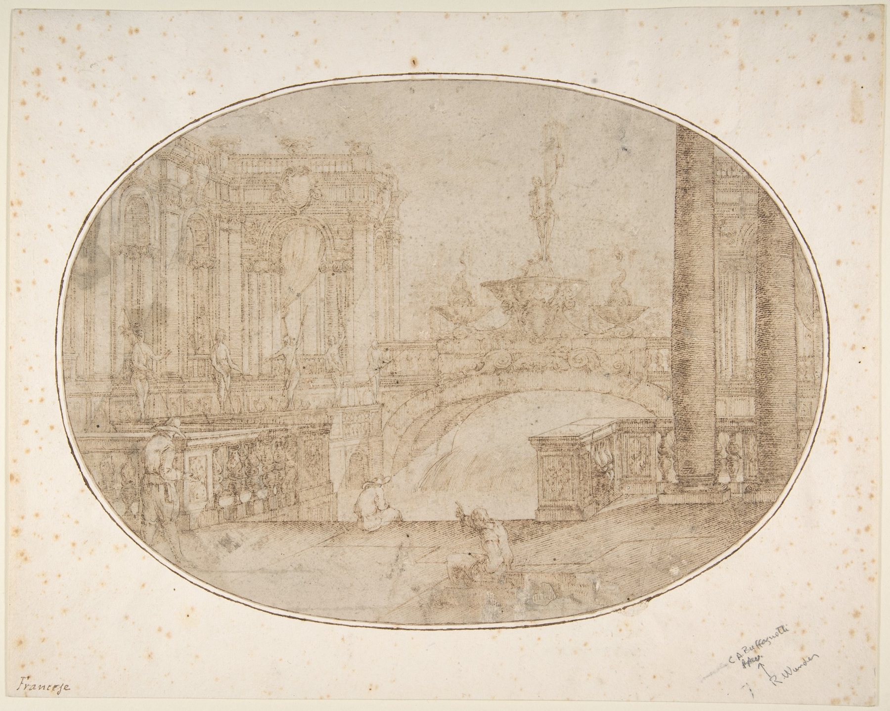 Bridge and fountain Met Open Access perspective drawing