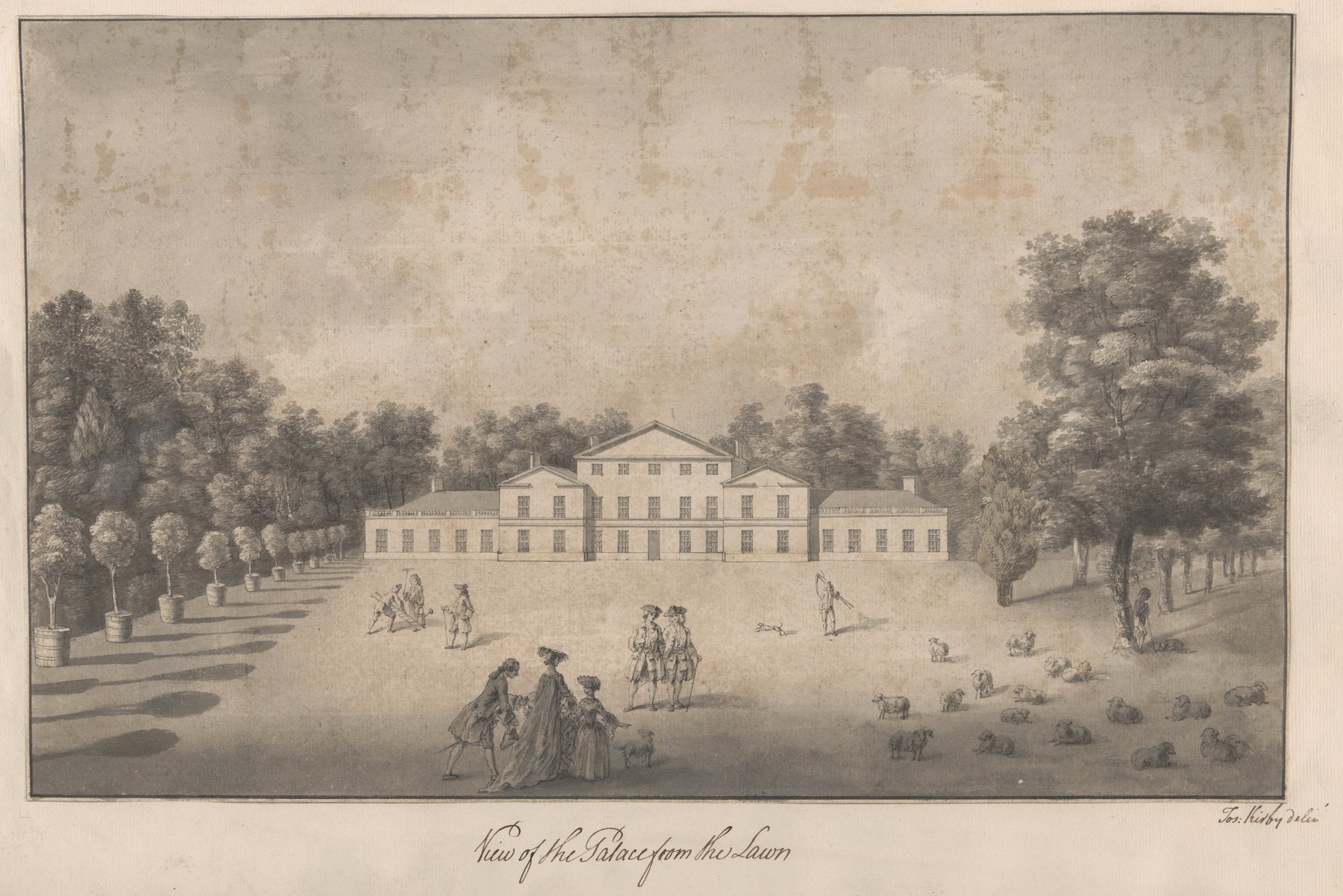 Kew palace from a broad lawn with rows of planted trees, strolling figures and sheep.