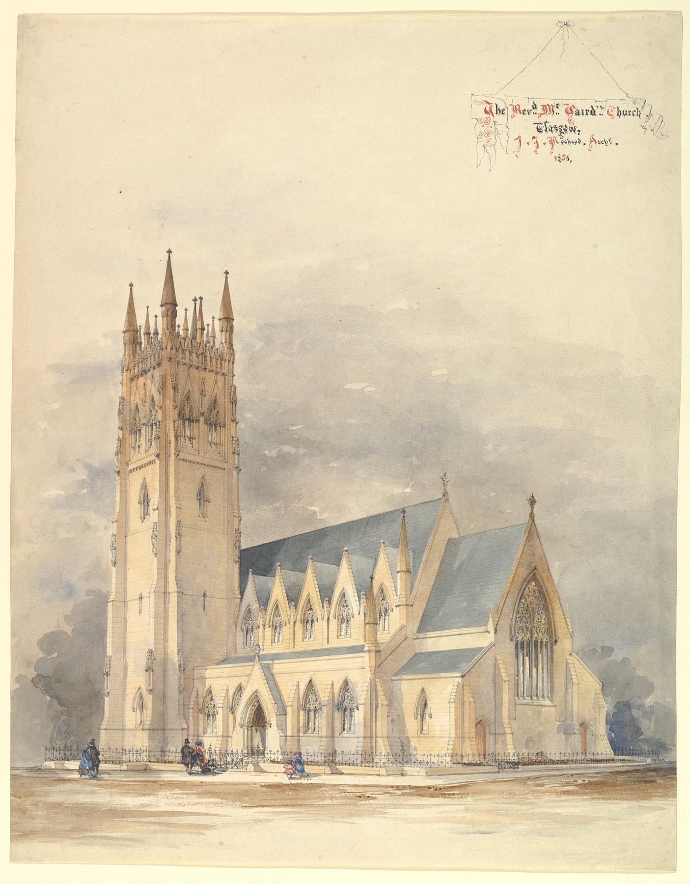 Watercoloured Gothic church project with front towers and a side wall receding in depth.