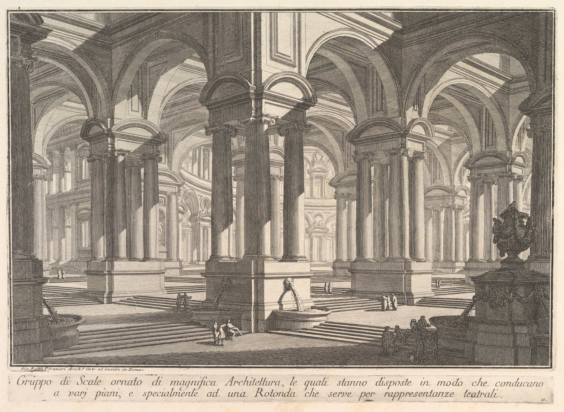 Piranesi etched imaginary staircase with large arches, monumental stairs and receding architectural parts.