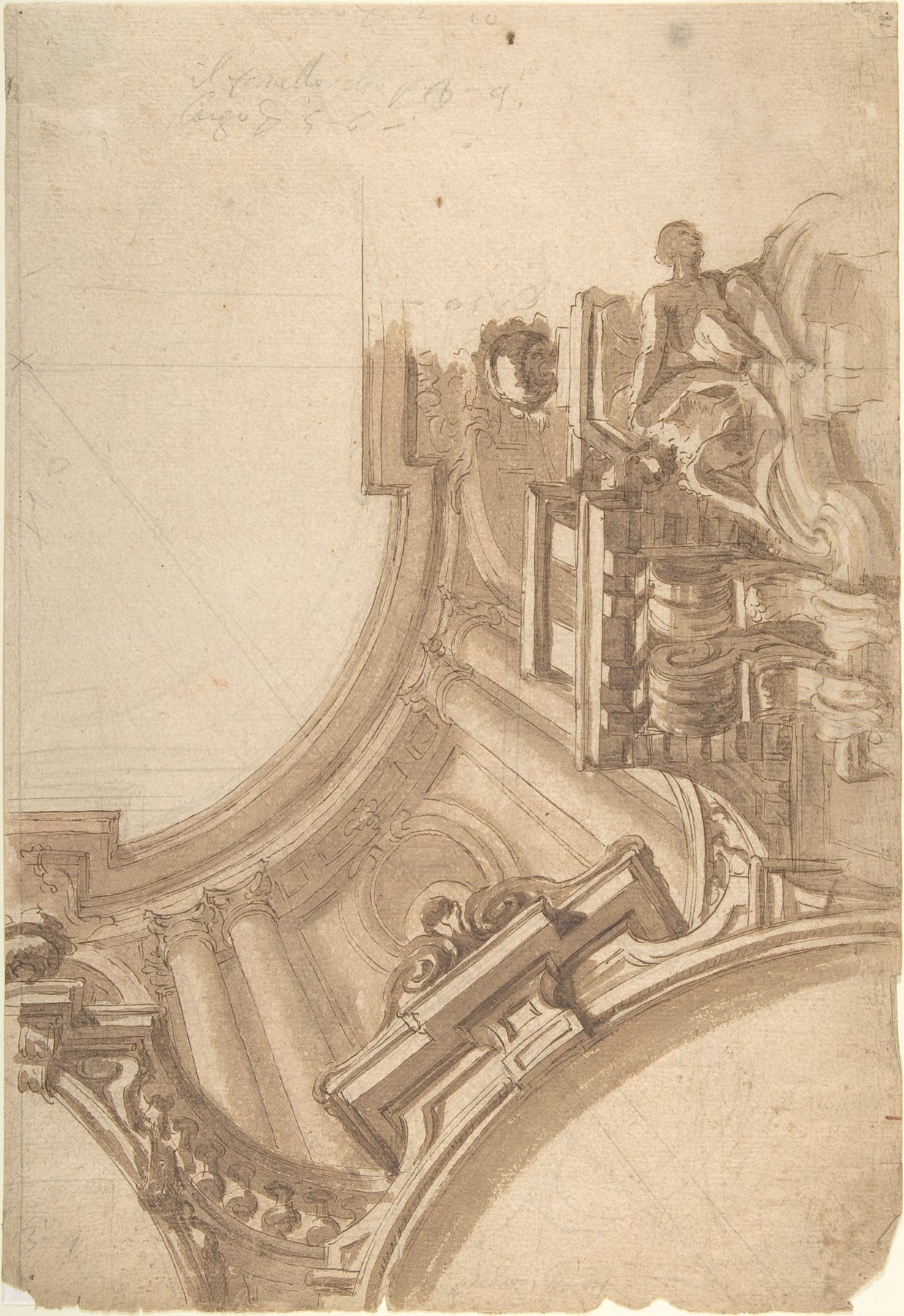 Tall eighteenth-century ceiling-corner perspective drawing with ruled and compass architecture construction.