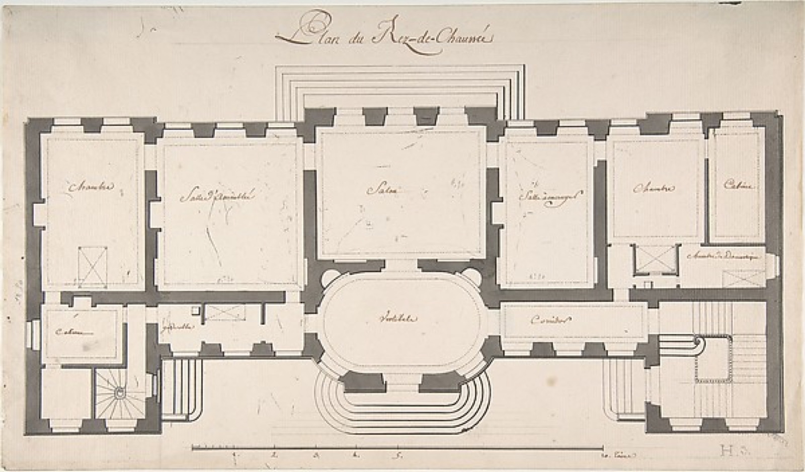 Grey-washed ground-floor palace plan with room names, two stairs and a central oval hall.