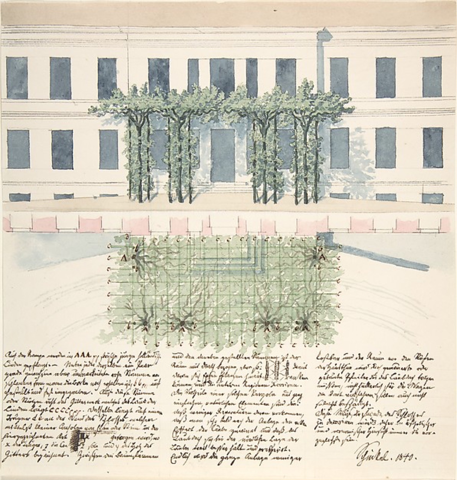 Schinkel façade elevation over a coloured plan of the approach and planted area.