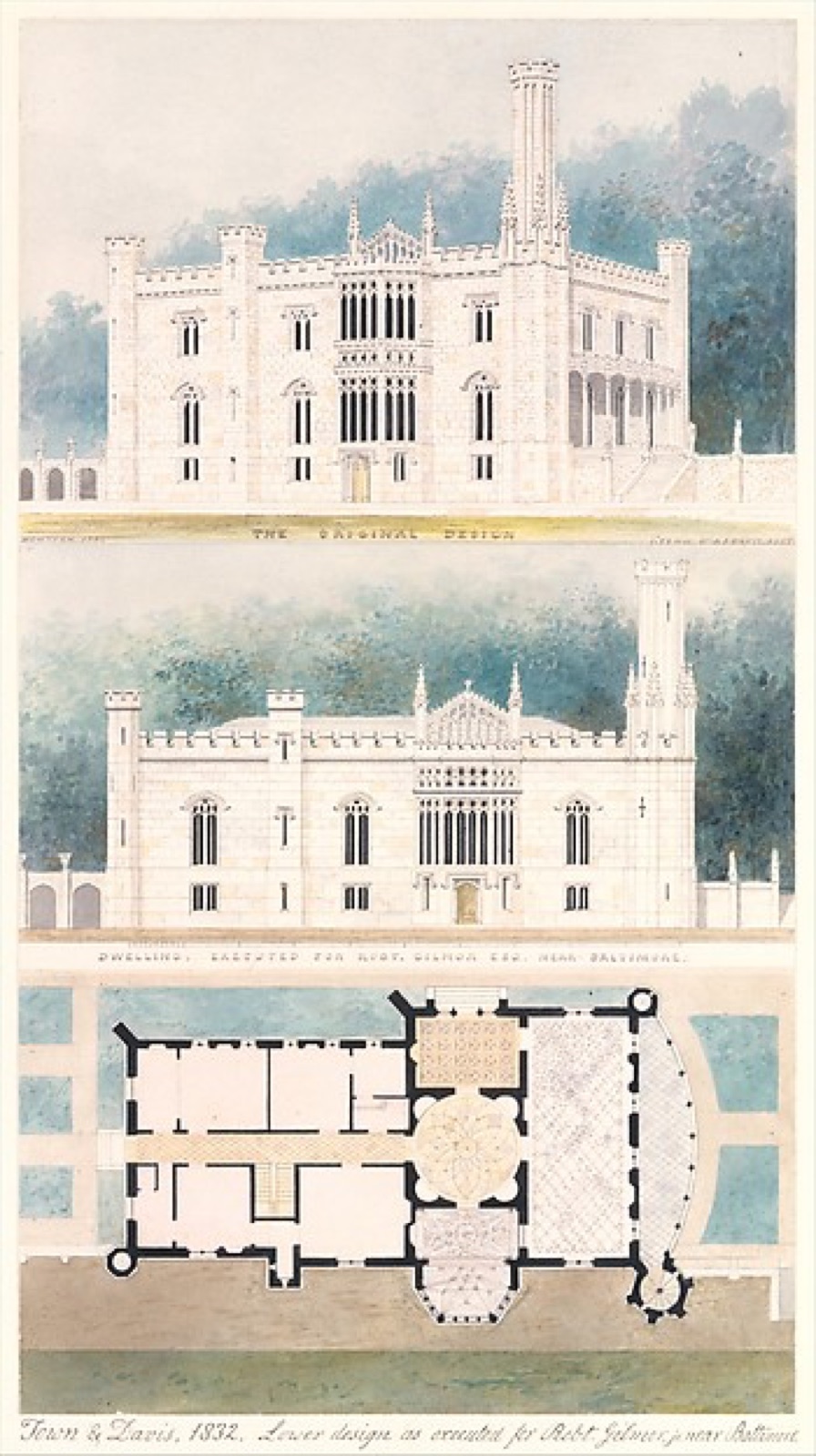 Watercolour Glen Ellen house sheet with perspective and elevation above a black-walled ground plan.