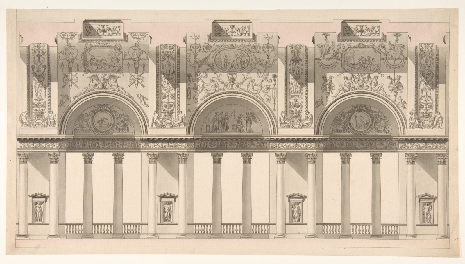 Long ornamental palace gallery interior with repeated columns and arches under decorated upper bays.