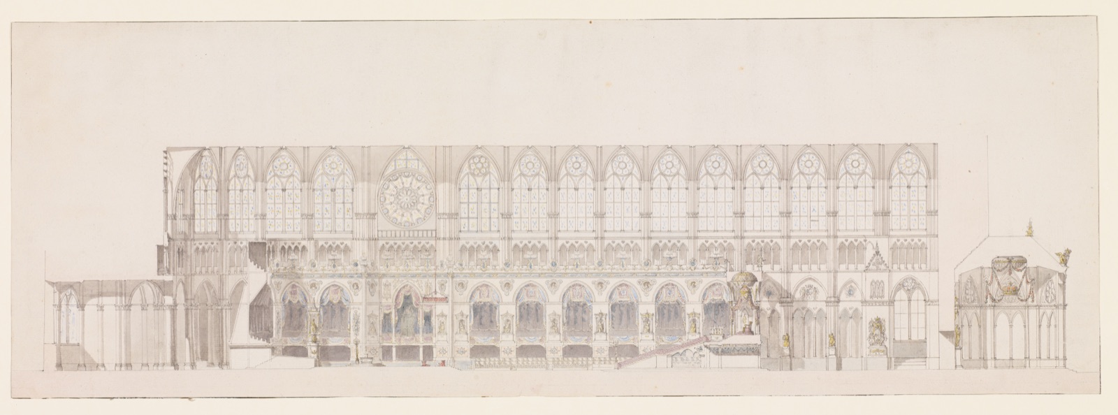 Wide pale Gothic cathedral nave cross section with planned ceremonial decoration along multiple bays.