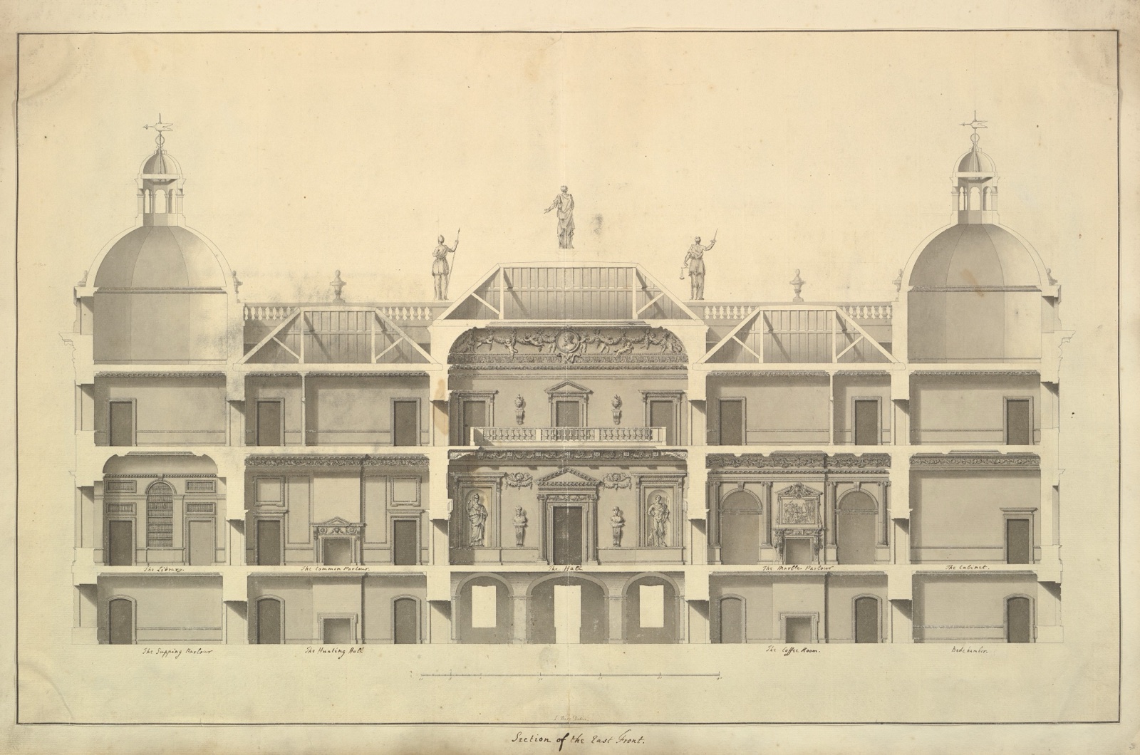 Houghton Hall east-front section with storeys, roof trusses and two corner domed volumes.