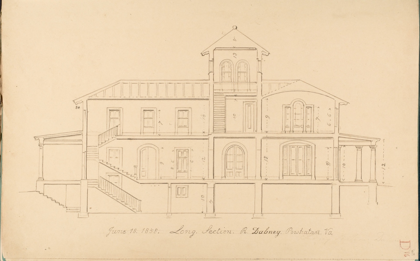 Long Davis house section showing stairs to upper levels, central tower, measured room heights and roof.
