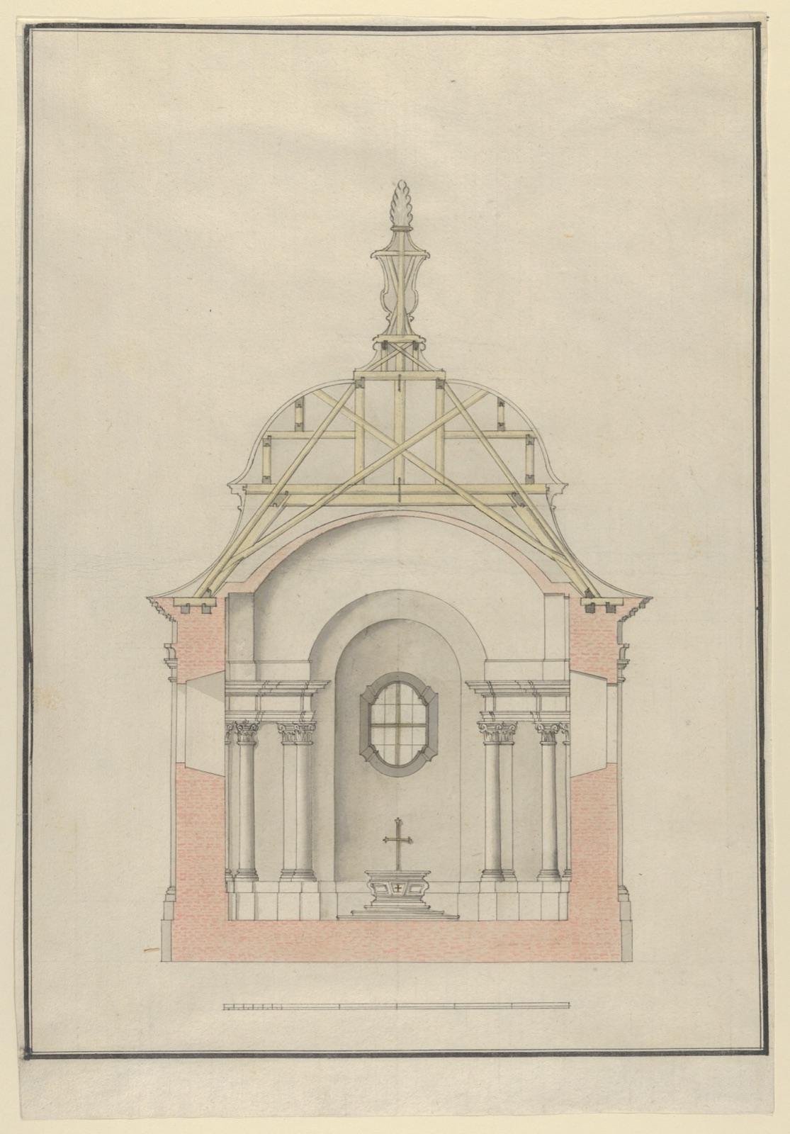 Vertical chapel cross section with pink brick-cut walls, inner vault, wooden roof members and central altar.