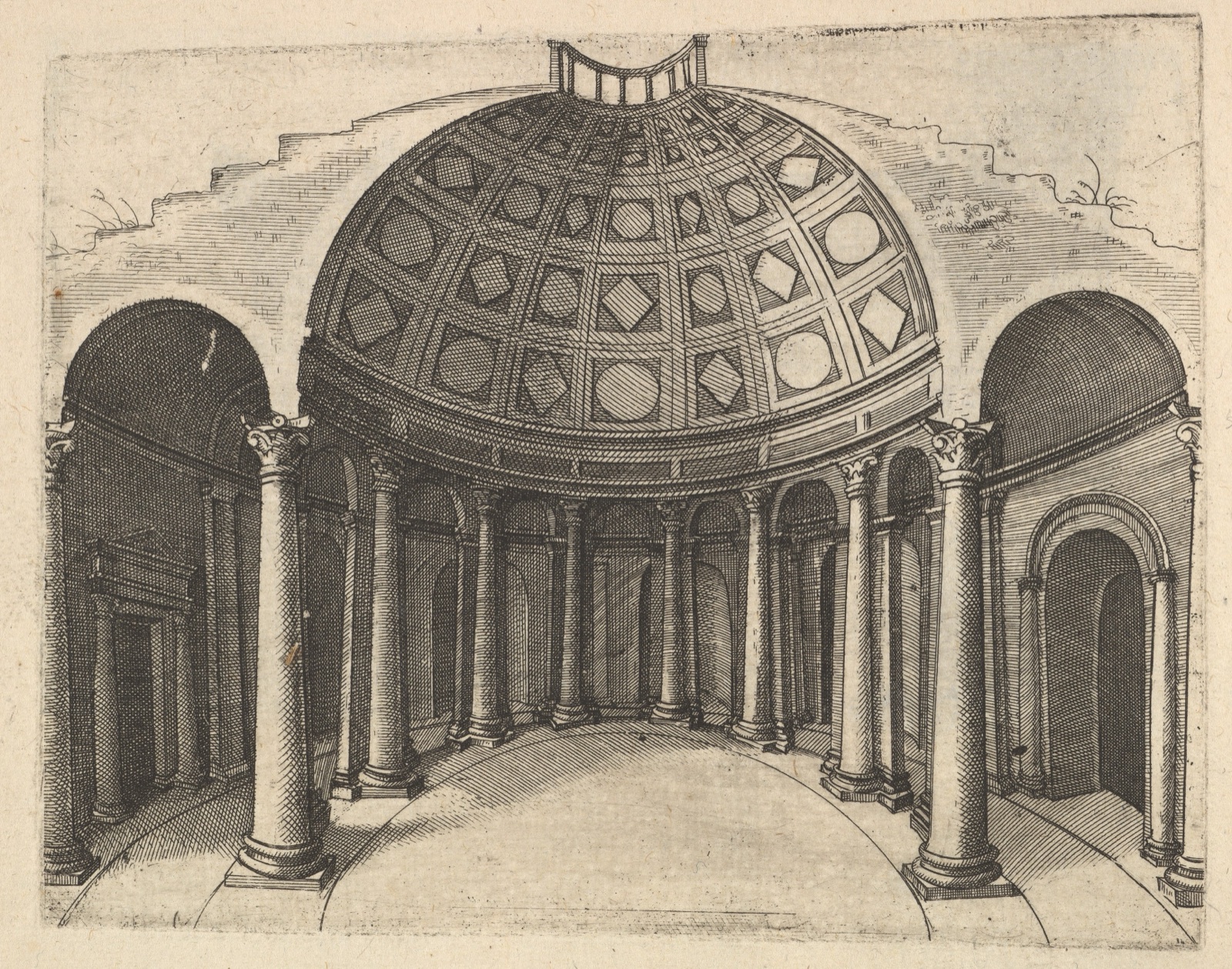 Etched perspectival slice of round classical temple with coffered dome, columns and receding side arches.