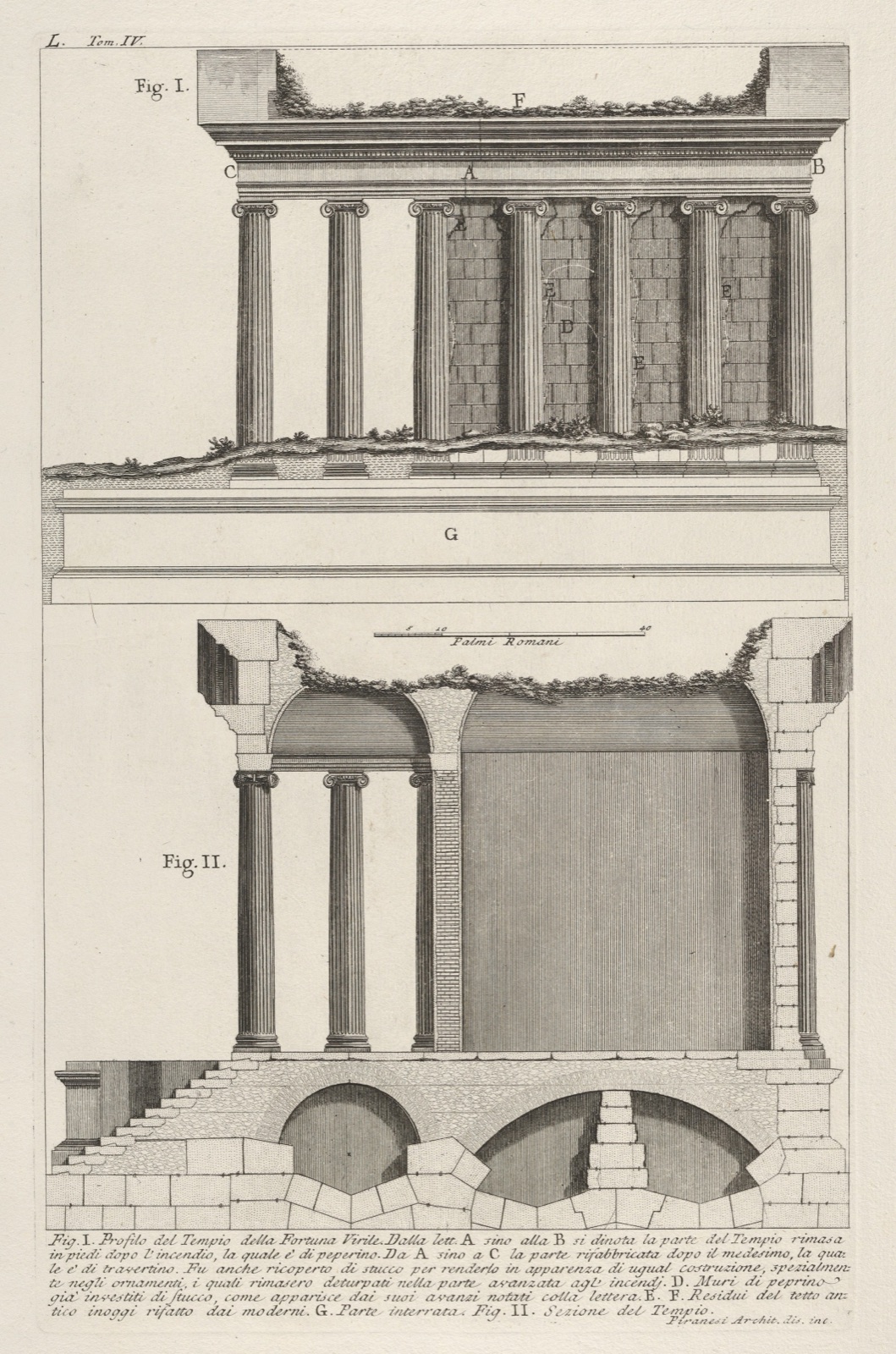 Historic engraving with two architectural section views and labelled components.