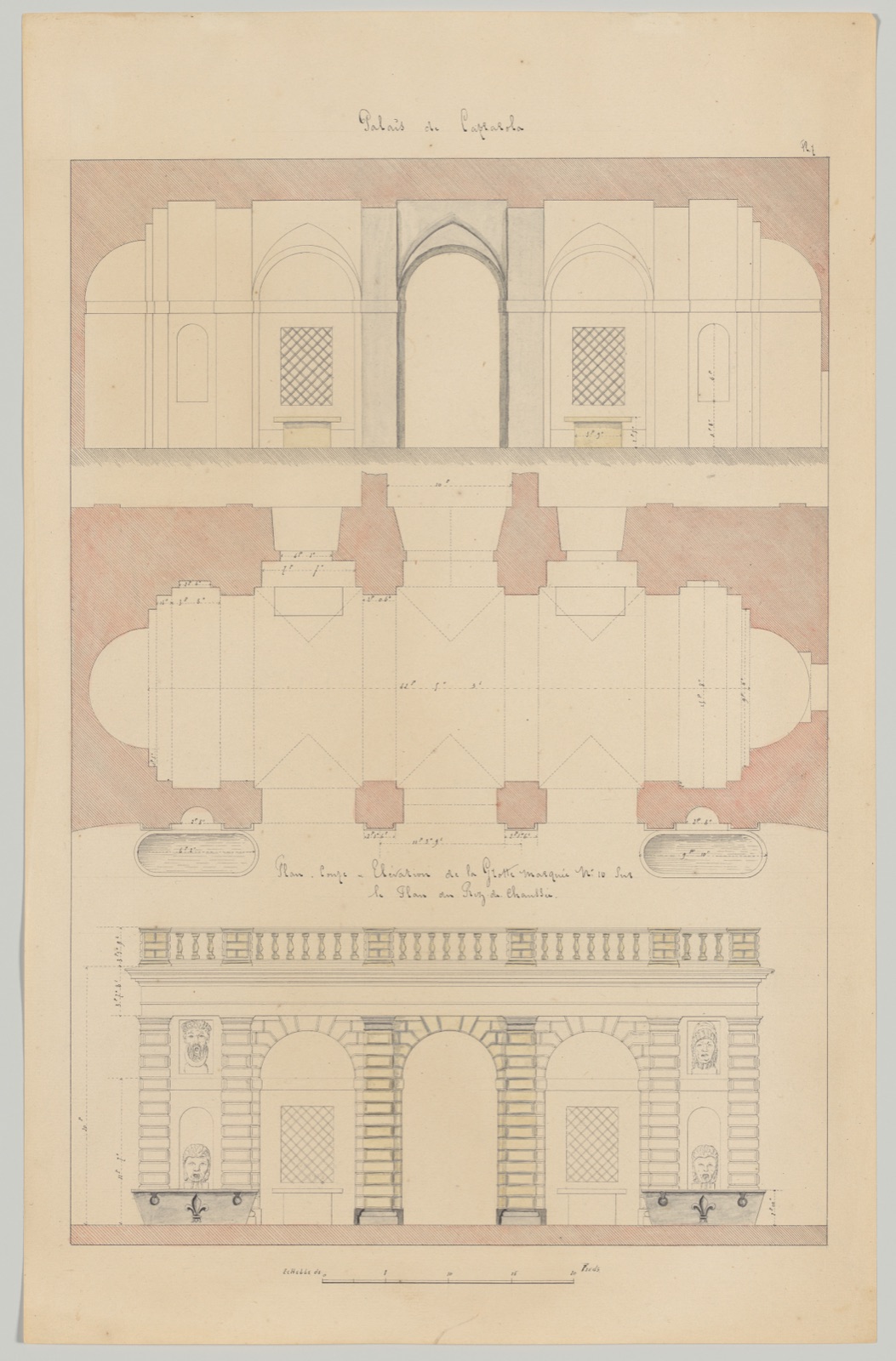 Debret sheet of three stacked grotto drawings: upper wall section, middle plan and lower frontal elevation.