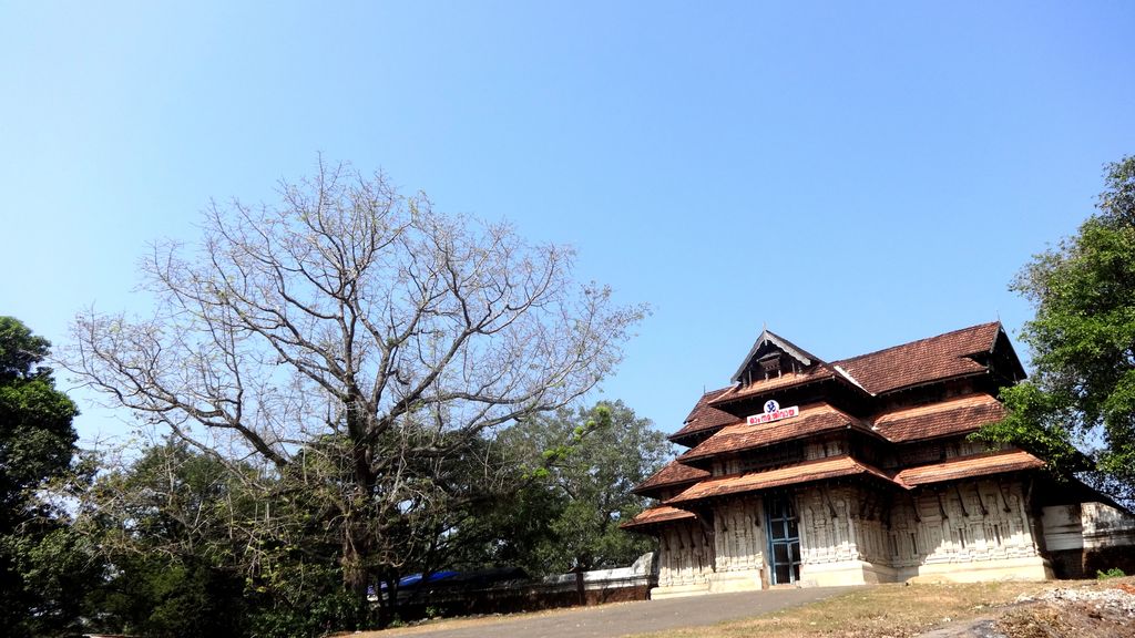 A low gateway with layered tiled roofs, deep eaves and a narrow central opening stands beside a large tree and boundary wall.