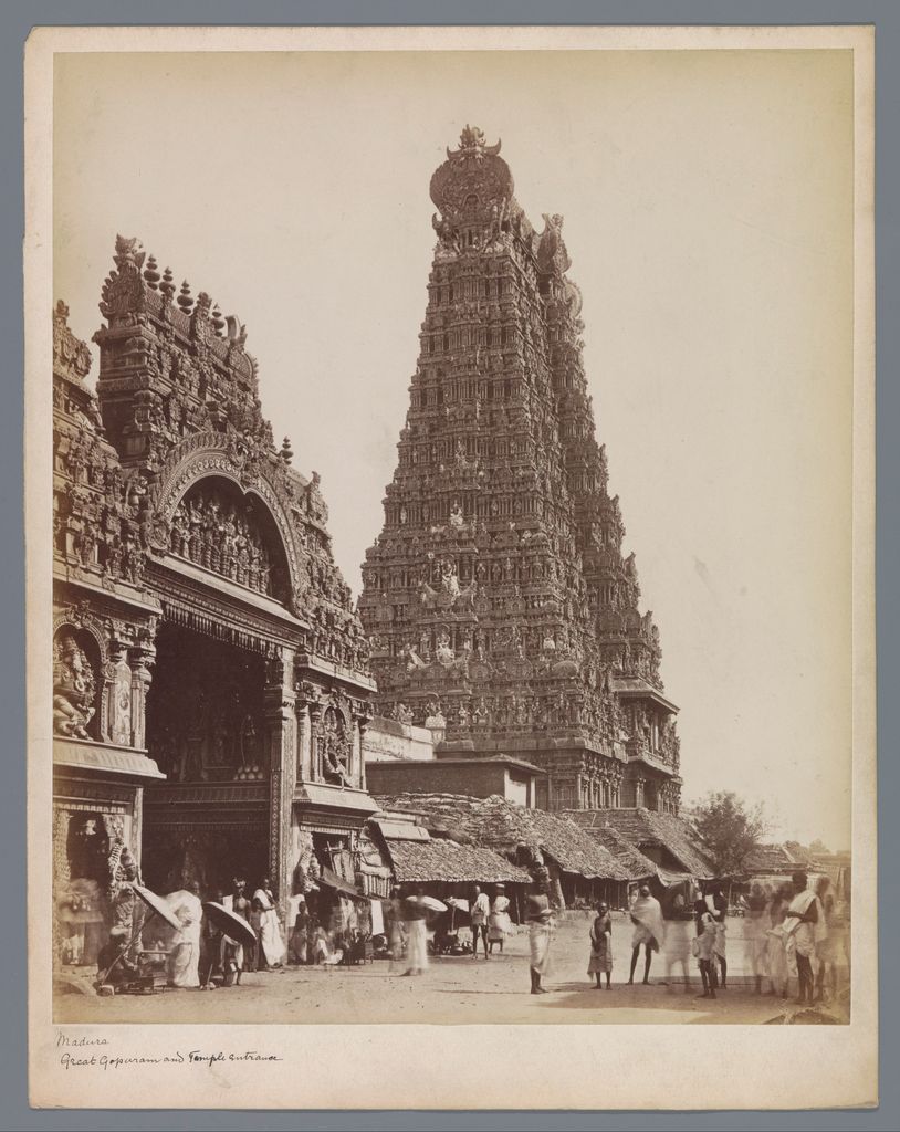 A sepia photograph shows an ornate temple entrance, a tall gateway behind street roofs, people and a horse, with the handwritten title on its mount.