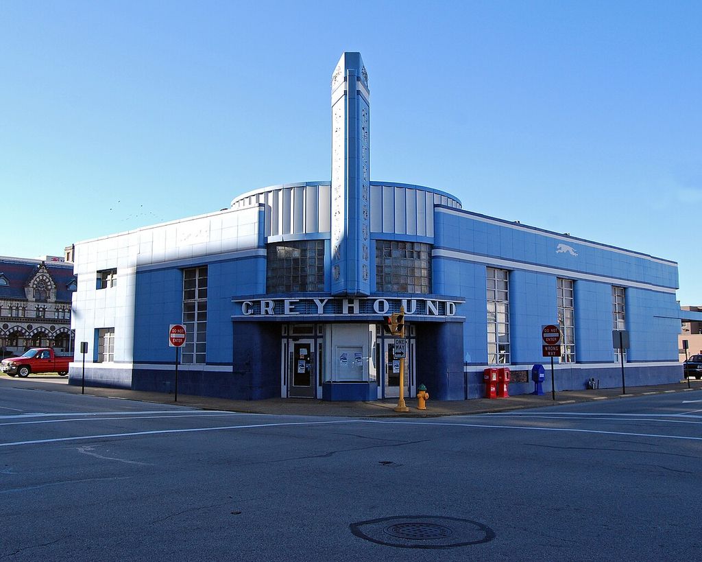 The curved glazed frontage and brick walls of Evansville's former Greyhound station.
