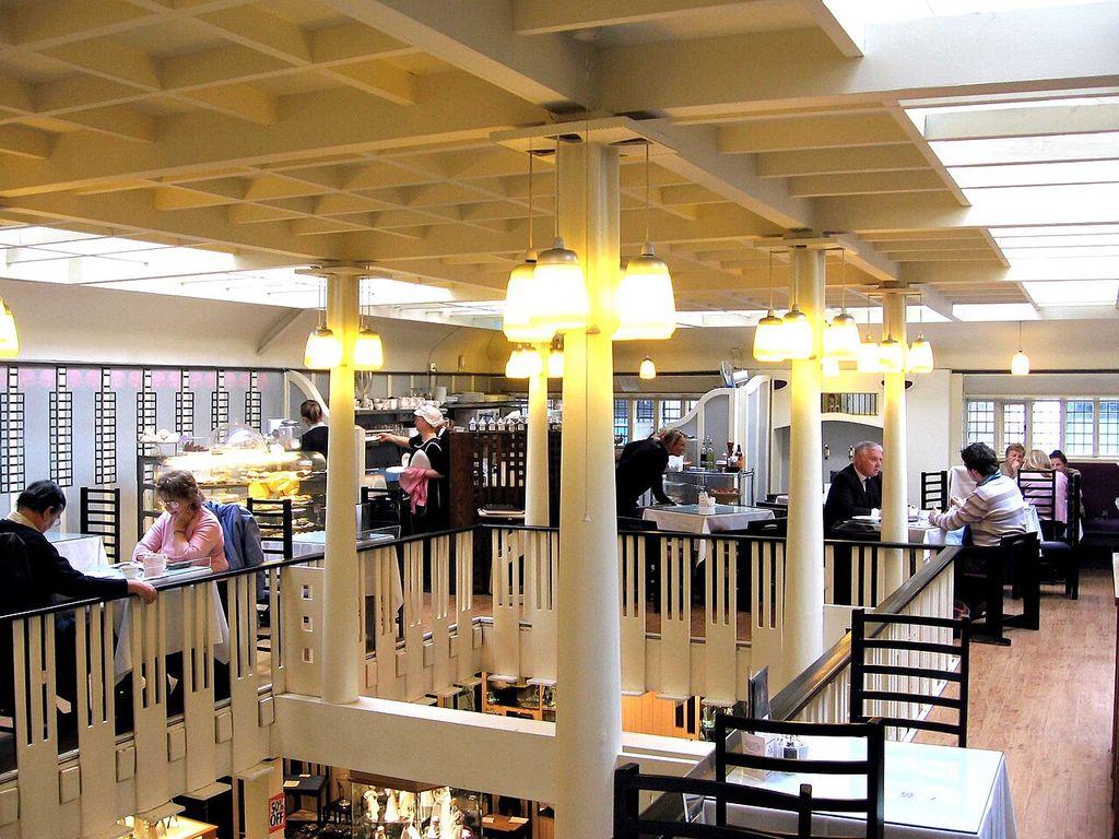 Pale columns, ceiling grids and gallery railings in Glasgow's Willow Tearooms in 2006.